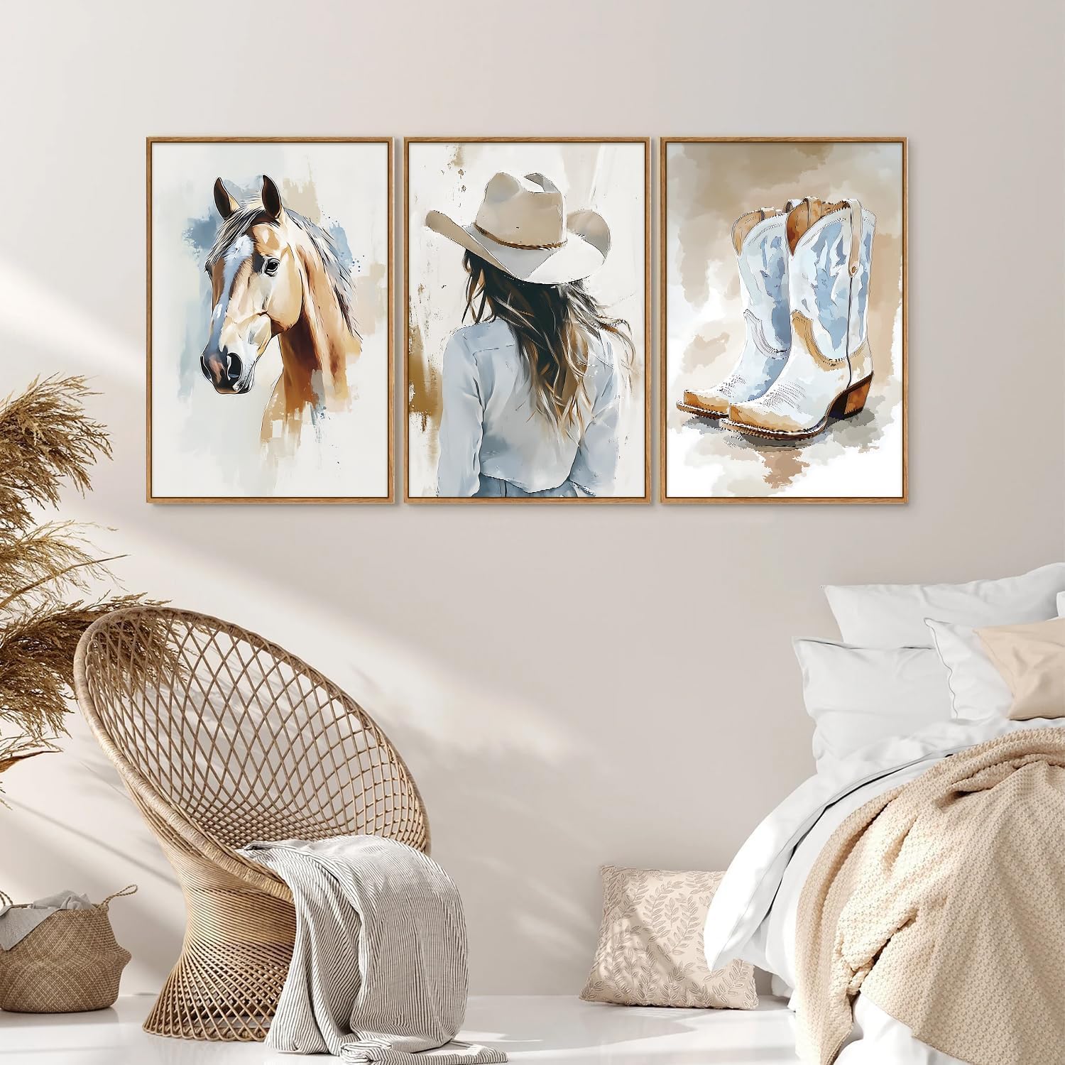 lianyibo Duży plakat westernowy kowbojka na płótnie, dekoracja ścienna z niebiesko-białymi końmi, efektowne buty rodeo, nadruk artystyczny do domu, 60 x 80 cm x 3