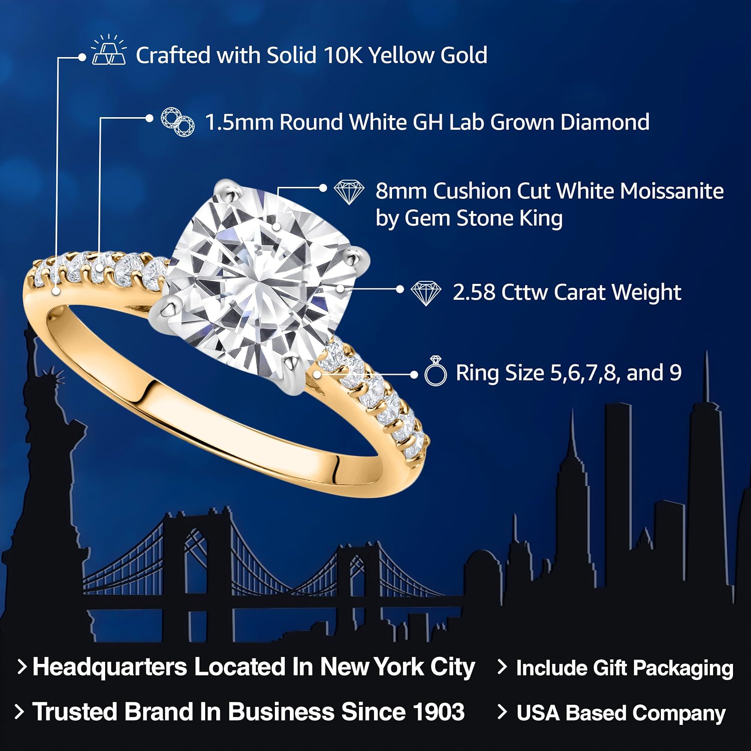 Gem Stone King 10K Yellow Gold 8MM Cushion Cut White Moissanite and White Lab Grown Diamond Engagement Ring For Women | 2.58 Cttw | Wedding Engagement Anniversary Promise Ring For Women