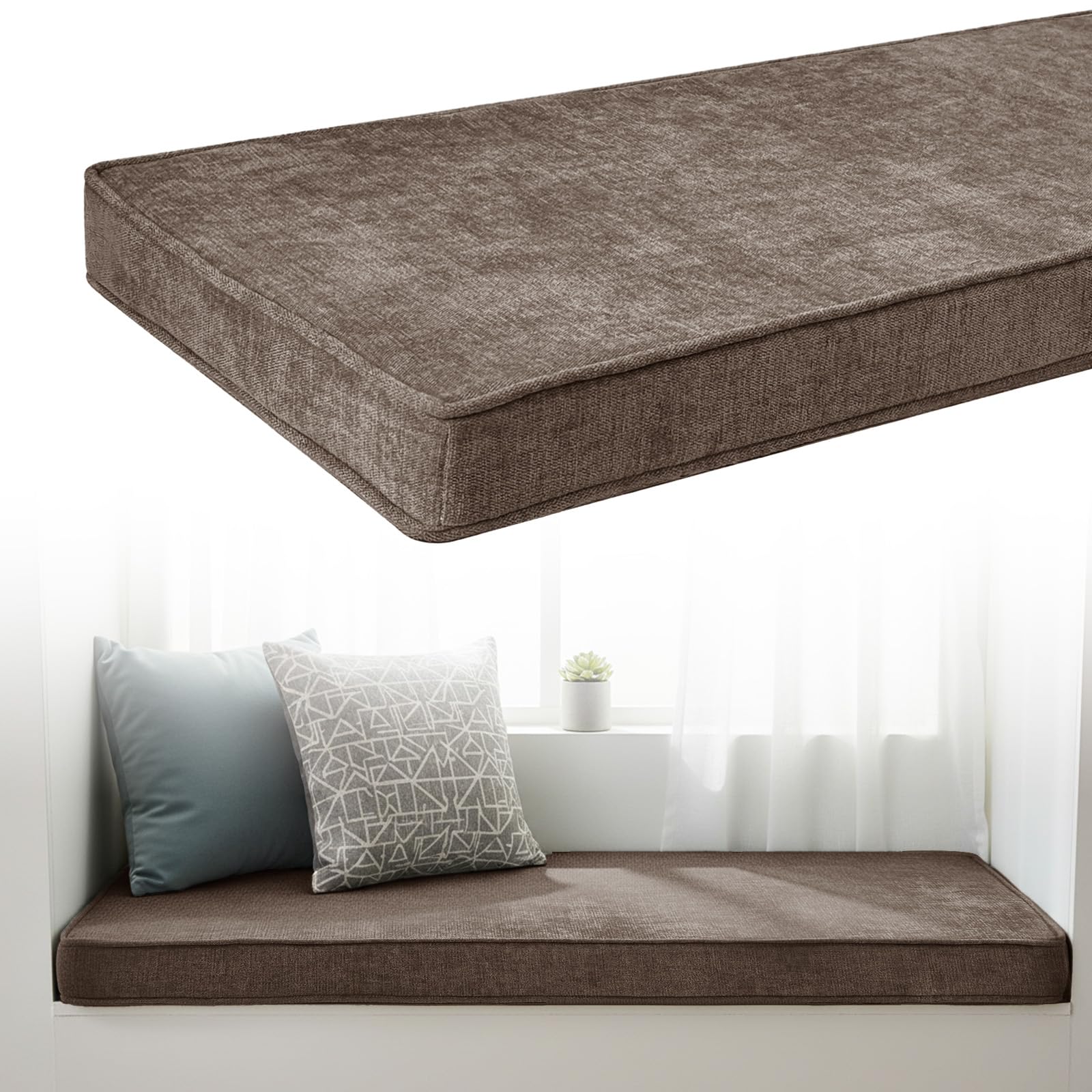 Chenille Bench Cushion 5cm Thick, Anti-Slip Bay Window Seat Pad 65x35x5cm