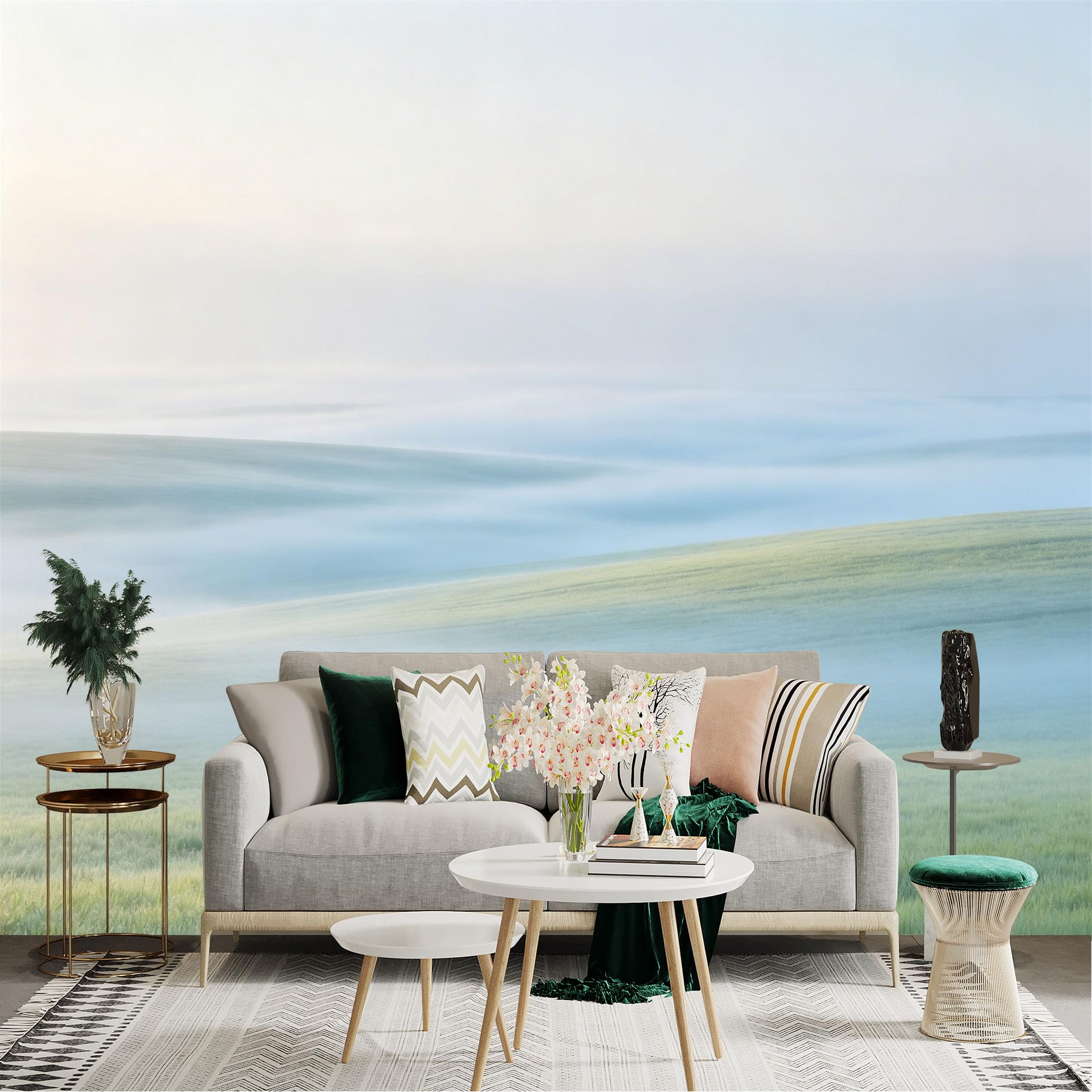 Lnzczhyre Dbh260521621 Custom Size Wall Sticker Mural， Misty Green Rolling Hills， Dreamy Nature Landscape， Soft Morning Fog， Calm Field Scenery， For Wall Decoration， Peelandstick Wall Decals.