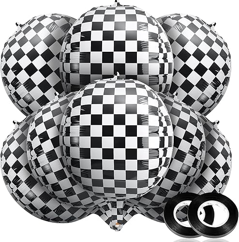 14 globos de aluminio a cuadros de 22 pulgadas, globos de tablero de ajedrez blanco y negro, globos de cumpleaños con cinta negra para decoración de