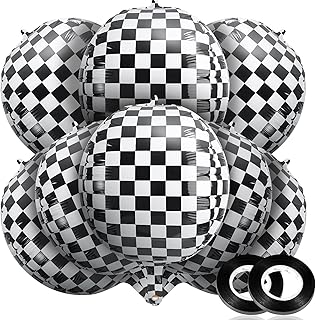 14 Pieces Foil Checkered Balloons 22 Inch Checkered Racing Car Balloons Black White Checkerboard Balloons Racing Themed Birthday Balloons with Black Ribbon for Racing Themed Party Decoration