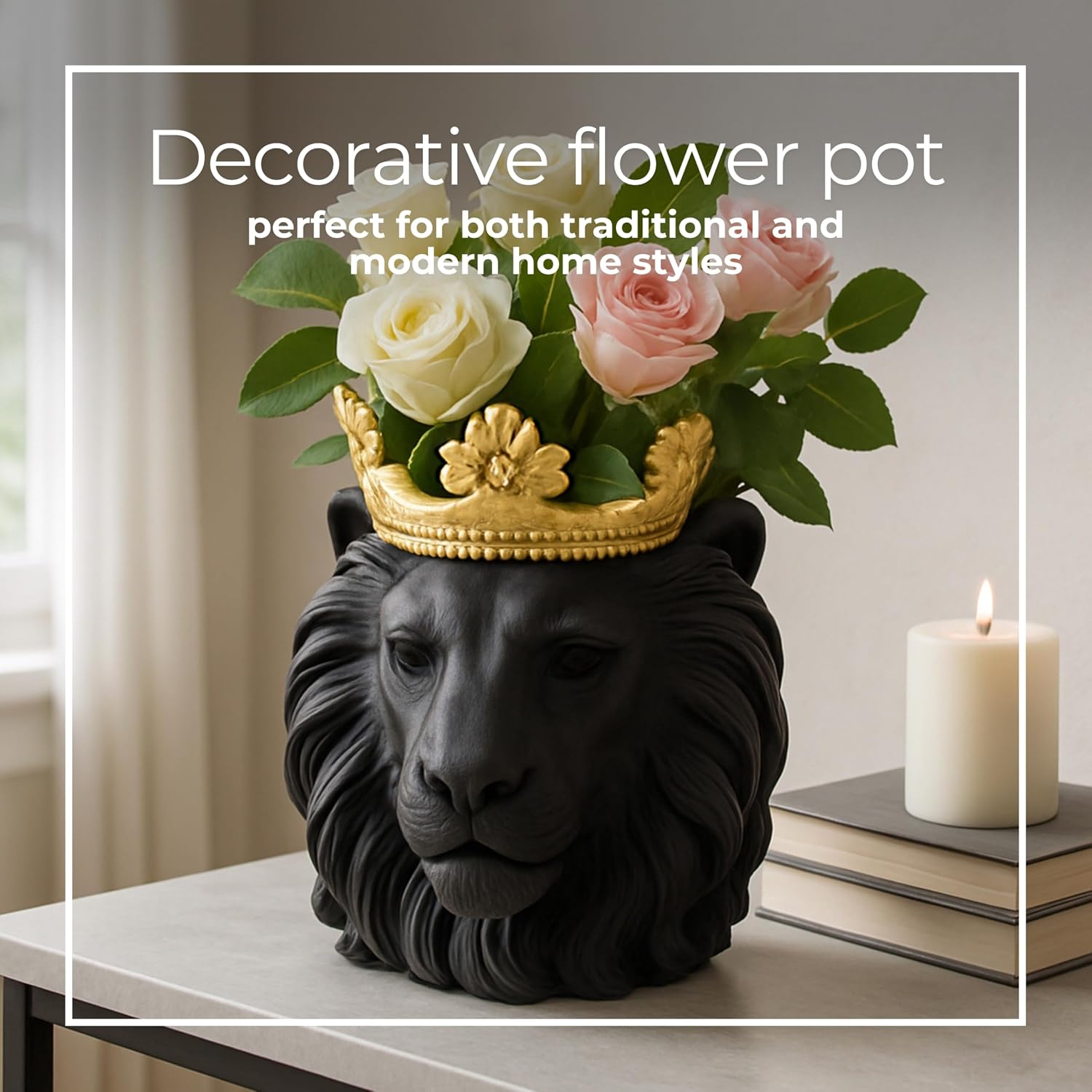 Lion Head Decorative Planter Pot with Crown – Animal Polyresin Outdoor & Indoor Plant Pot for Flowers – Contemporary Garden & Home Decor Planters – 9", Black & Gold
