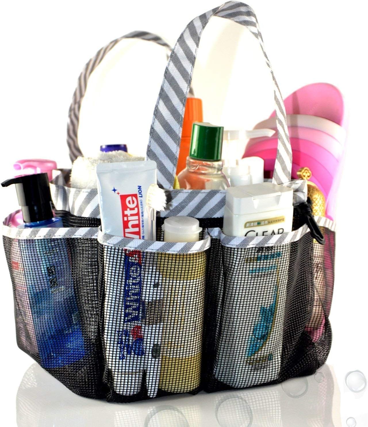 Mesh Shower Caddy Tote, Portable College Dorm Bathroom Tote Organizer, Quick Dry Toiletries Bag with 2 handles for Camp Gym, 8 Storage Pockets Basket with Key Hook