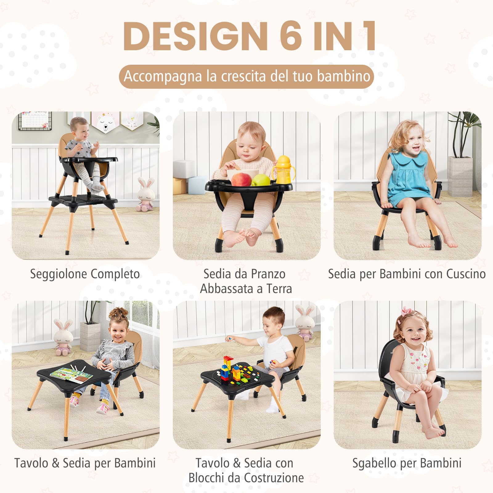 RELAX4LIFE 4 in 1 Seggiolone Pappa, Seggiolone Evolutivo con Vassoio Rimovibile e Cintura di Sicurezza, Altezza Regolabile in 4 Posizioni, per Bambini e Neonati 6-36 Mesi (Standard, Mocha)