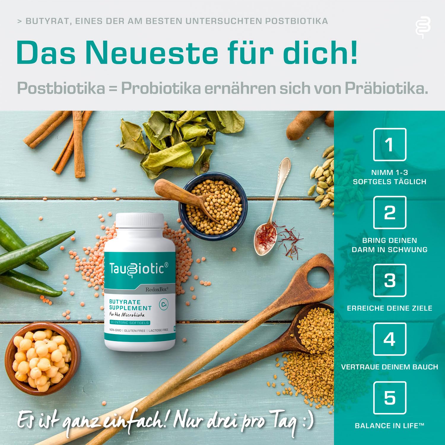 TauBiotic® von RedoxBox® – Butyrate (Tributyrin 500 mg) für Mikrobiota Nahrungsergänzungsmittel - 90 Enterische Weichkapseln