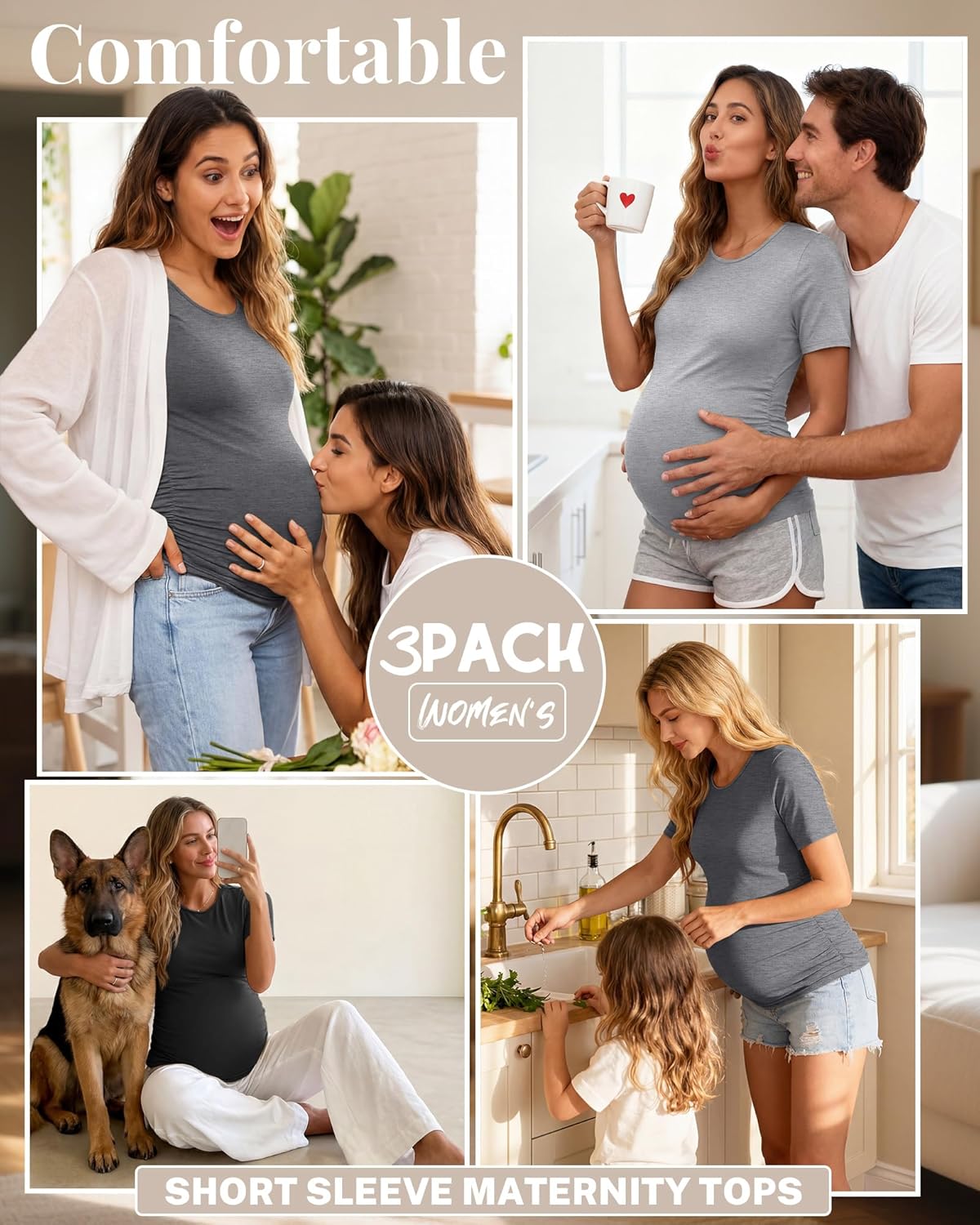 Ficerd 3 Pack Women's Maternity T-Shirts, Short Sleeve Maternity Tops Comfy Crew Neck Side Ruched Pregnancy Clothes - Image 2