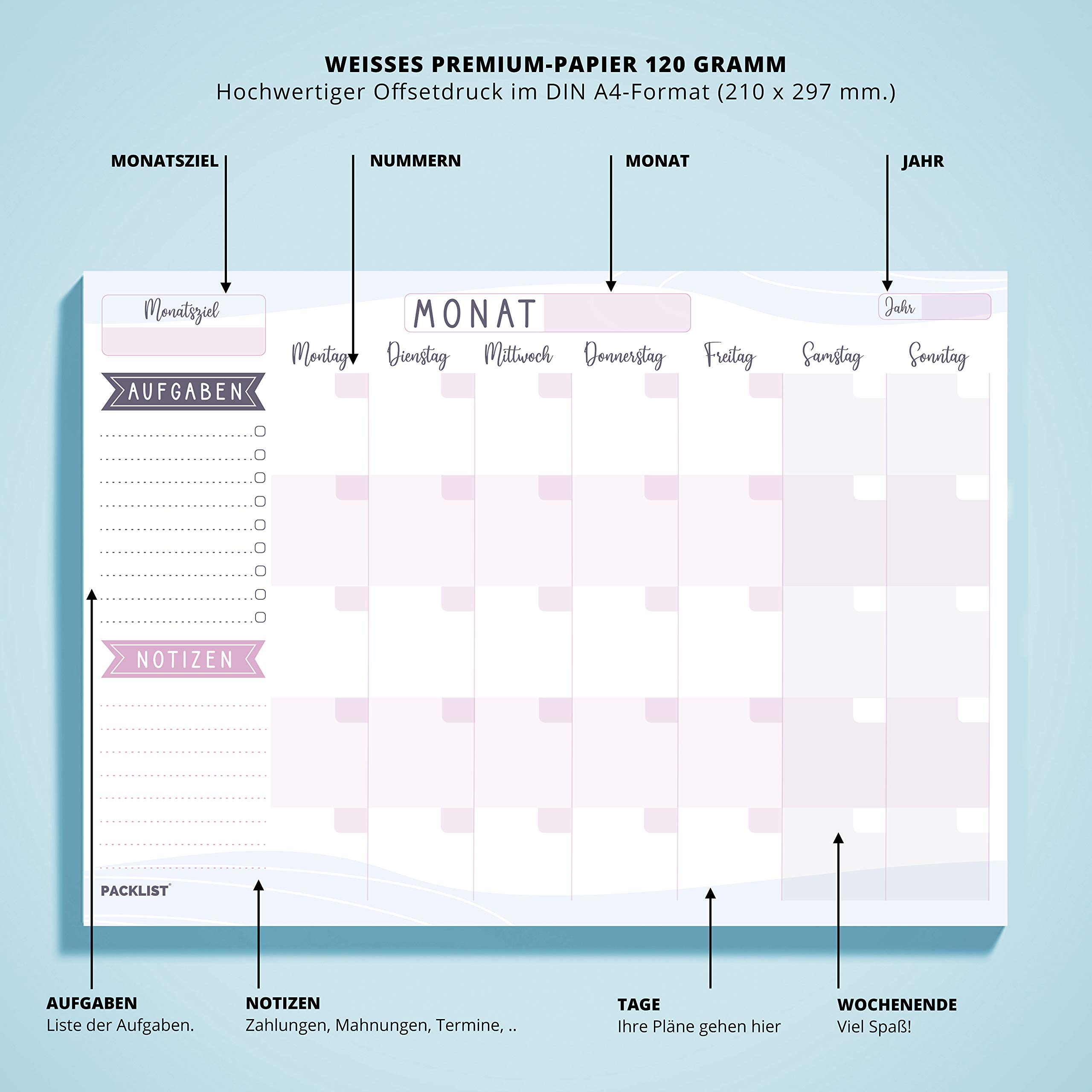 PACKLIST Monatsplaner Block A4 ohne Festes Datum. Terminplaner, Familienplaner mit Monatsziel, To-Do-Liste, Notizen, groem Notizfeld - Exklusive Kalender mit ECO-Verpackung - Image 2
