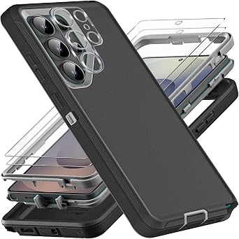 YKHJKLEC for Samsung Galaxy S25 Ultra Case, Military Grade 3 in 1 Heavy Duty Shockproof/Drop Proof/Dust Proof Case with 2Pcs Tempered Glass Screen Protector & 1Pcs Camera Lens Protector Black/Grey