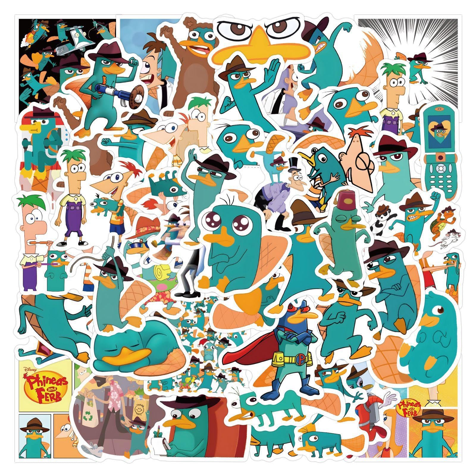 50pcs Perry The Platypus Stickers for Water Bottles, Phineas and Ferb Cartoon Character Stickers for Kids Teens, Funny Laptop Phone Scrapbook Notebook Bike Lugagge Skateboard Decals