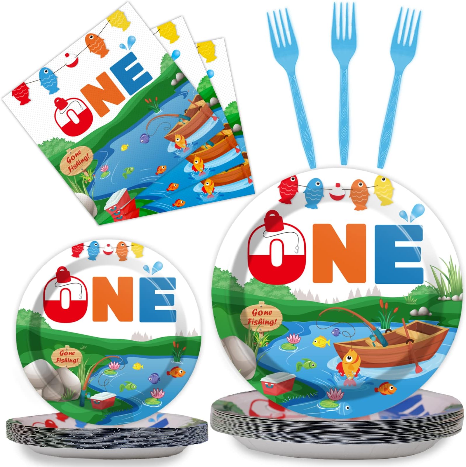 Chiazllta Little Fisherman 1st Birthday Party Supplies - 96 Pcs Gone Fishing Paper Plates, Napkins, Forks - Multicolor Cartoon Theme - Serves 24 Guests