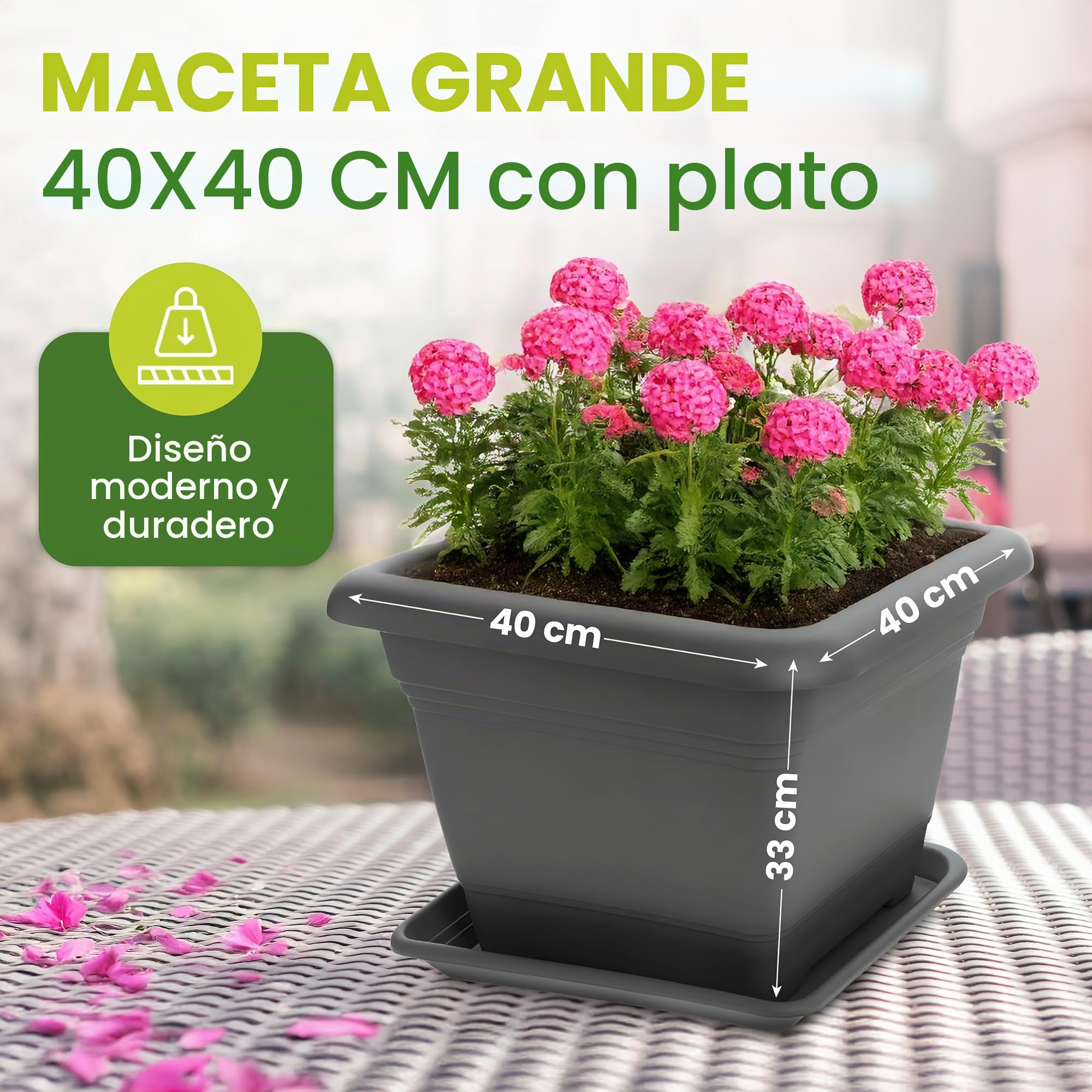 Juego de 6 maceteros grandes para exteriores, 40 x 40 cm, 46 litros, maceta con plato, maceta de plástico, macetero de plástico, macetas para plantas, macetas fabricadas en DE, color antracita,