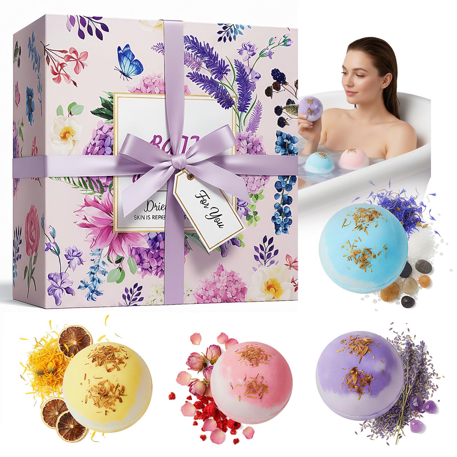 Bombe da Bagno Set, 4 Pezzi Bombe da Bagno Rilassanti Donna Naturali, Profumate Bath Bomb Gift Set per Natale, San Valentino, Festa della Mamma