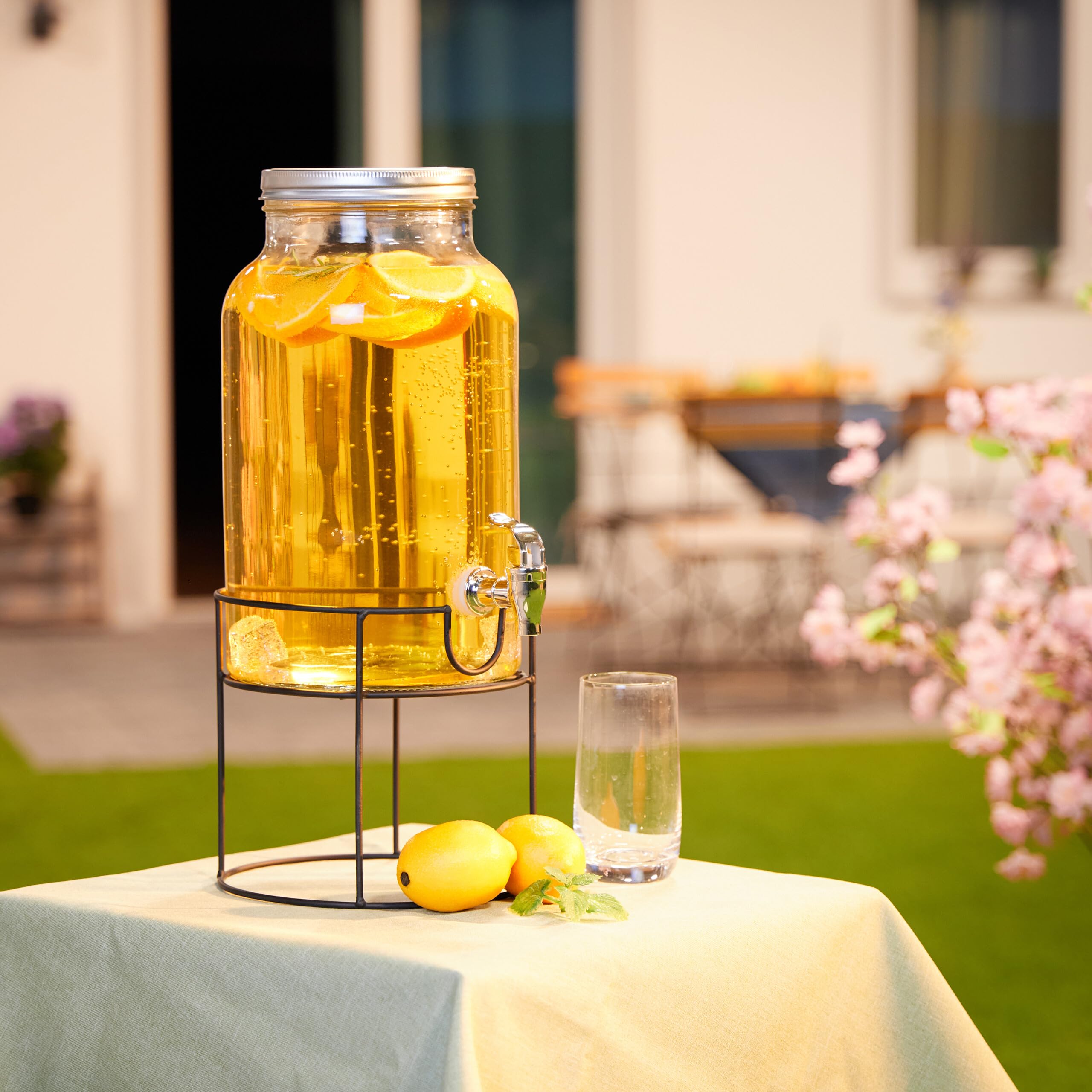 Relaxdays Dispensador de Bebidas con Soporte, Grifo y Tapa, Cristal, Surtidor de Agua y Limonada, 6 L, Transparente