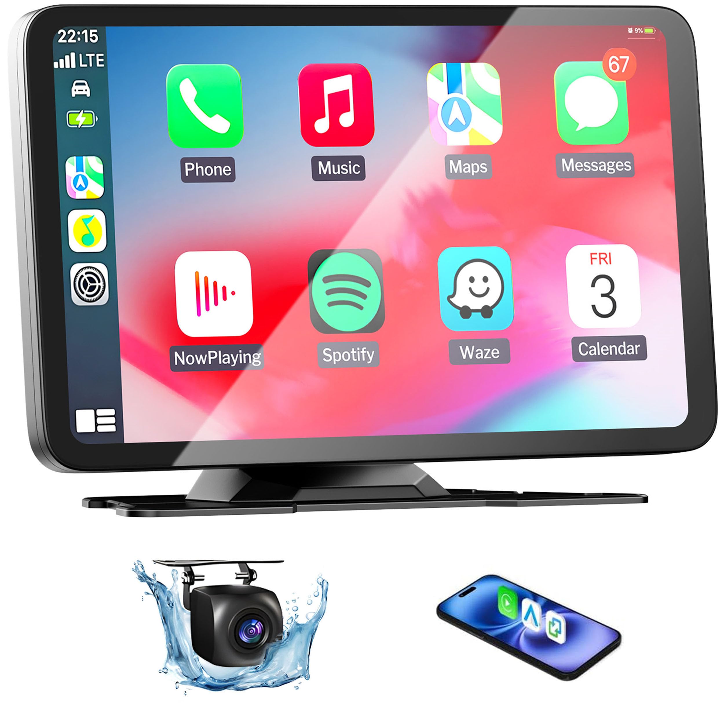 Carplay Voiture Apple & Android sans Fil A-pple Carplay & Android Auto avec Caméra de Recul Siri Contrôle Vocal GPS, Écr