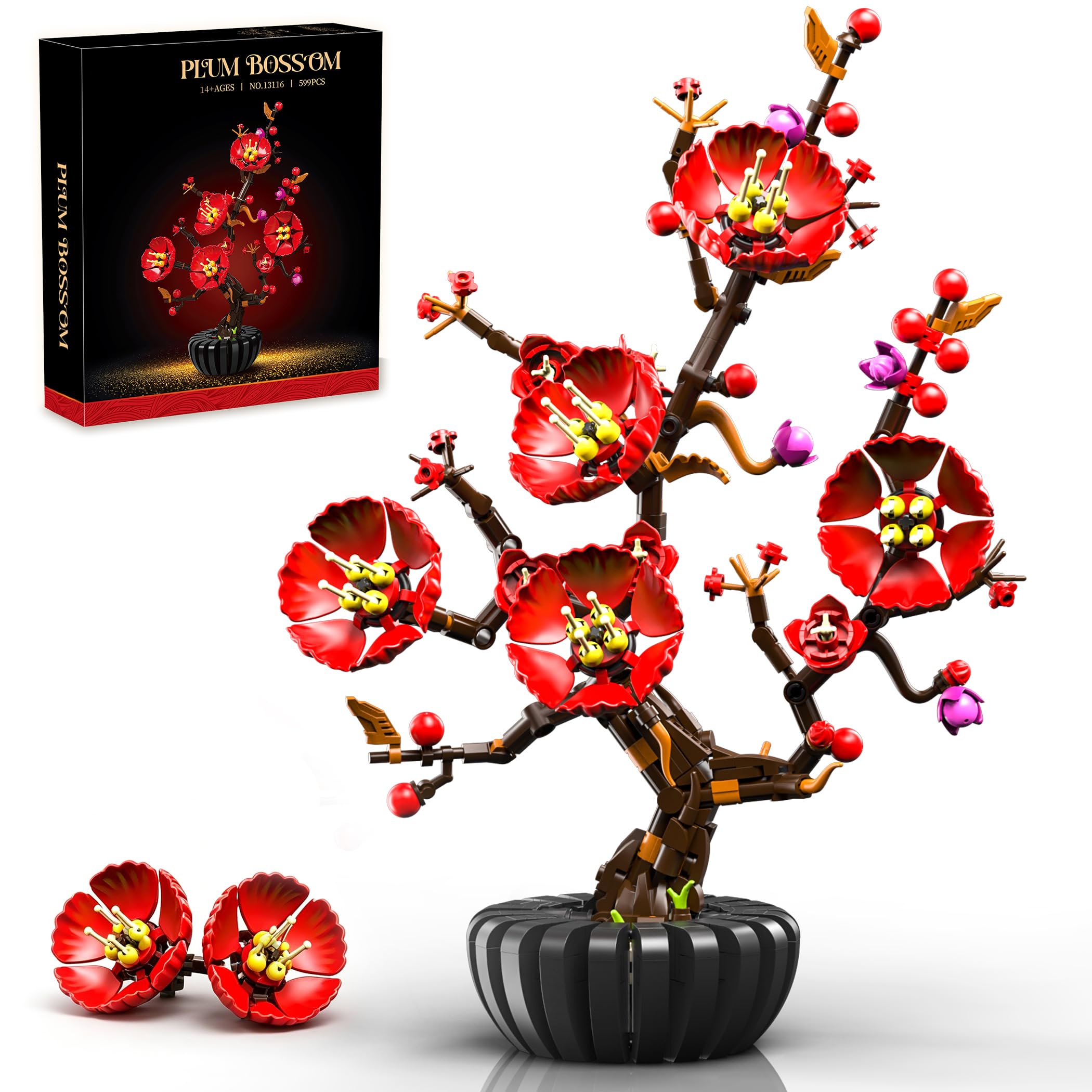 QGGQ 599PCS Plum Blossom Building Blocks Set for Adults, Artificial Flowers Bouquet Botanicals Kit, DIY Home Decoration Kit, Flowers Plant Home Decor Gift for Mother's Day, Valentine Day, Birthday