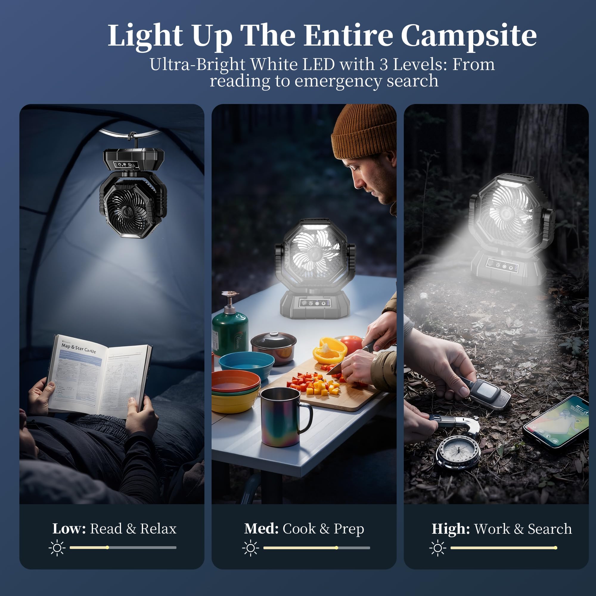 VTHW Camping Ventilator, 20000mAh Wiederaufladbarer Ventilator mit LED Licht & Haken, 270° Drehung, Stufenlose Geschwindigkeit, Timer-Modus, USB Tischventilator für Indoor Outdoor (Schwarz)