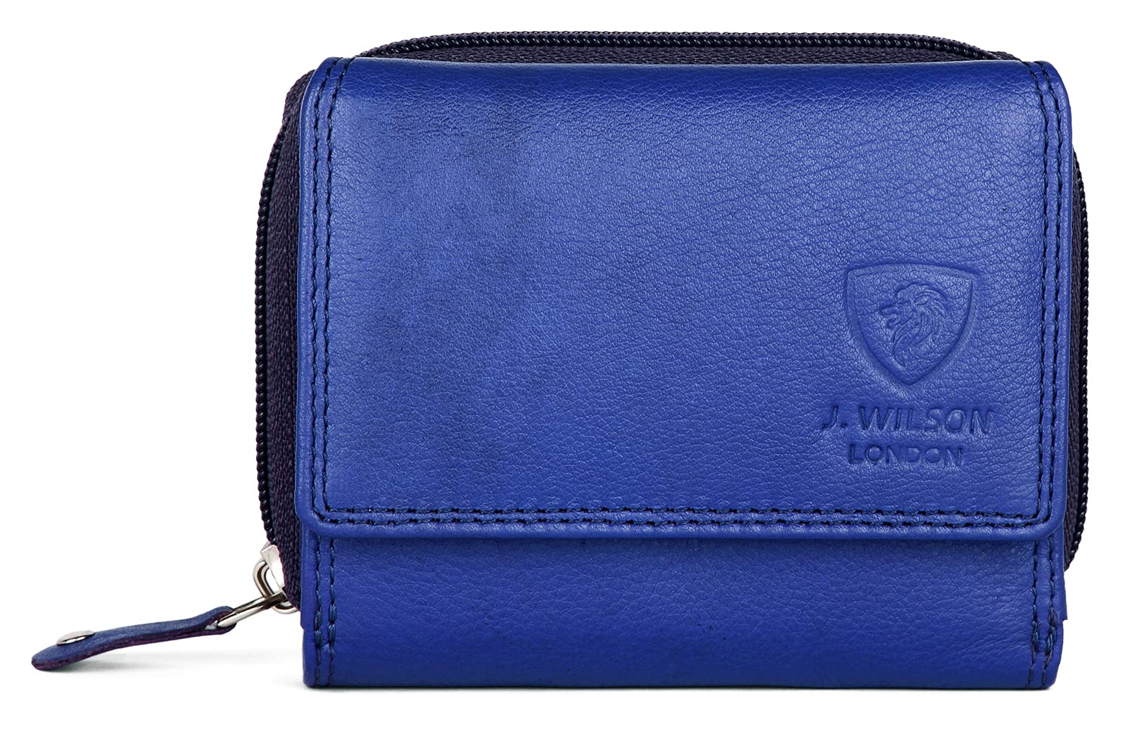 J. Wilson LondonLadies RFID Safe Designer Leather Purse Card Women Wallet Zip Pocket Boxed, Royal Blue, M
