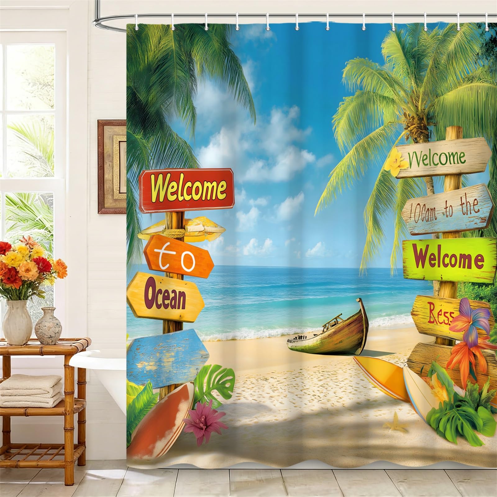 Kzzfqxb 183x198cm Shower Curtains with Plastic Hooks, Blue Beach Green Palm Trees Stranded Boat Road Guiding Signs Waterproof Polyester Fabric for Bathtub, Natural Relaxable Decoration for Bathroom