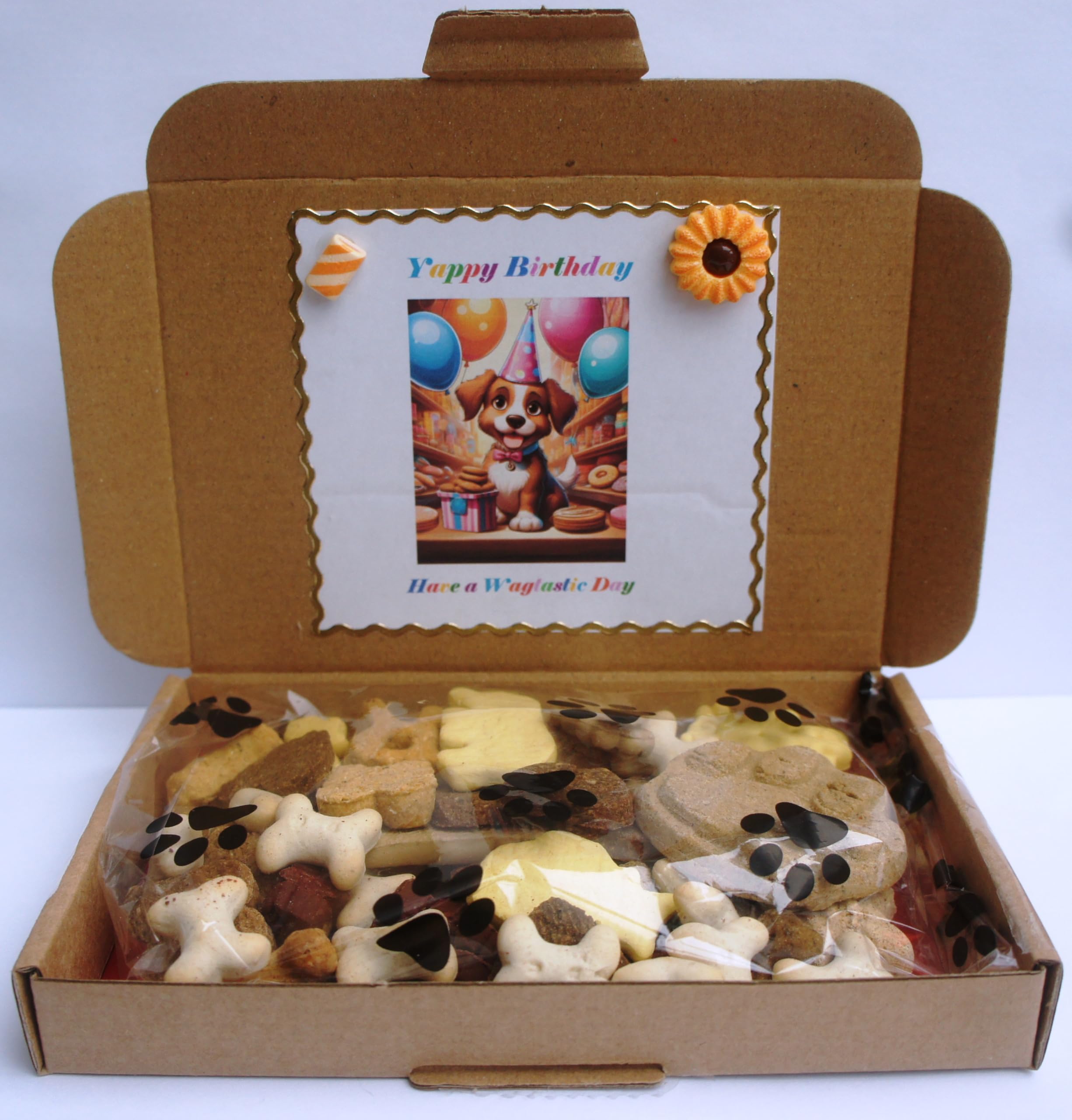 DOG BIRTHDAY PIC N MIX BISCUIT GIFT BOX WITH FUN LABELS AND DELICIOUS DOG BISCUIT TREATS C6 LETTER BOX FRIENDLY SIZE