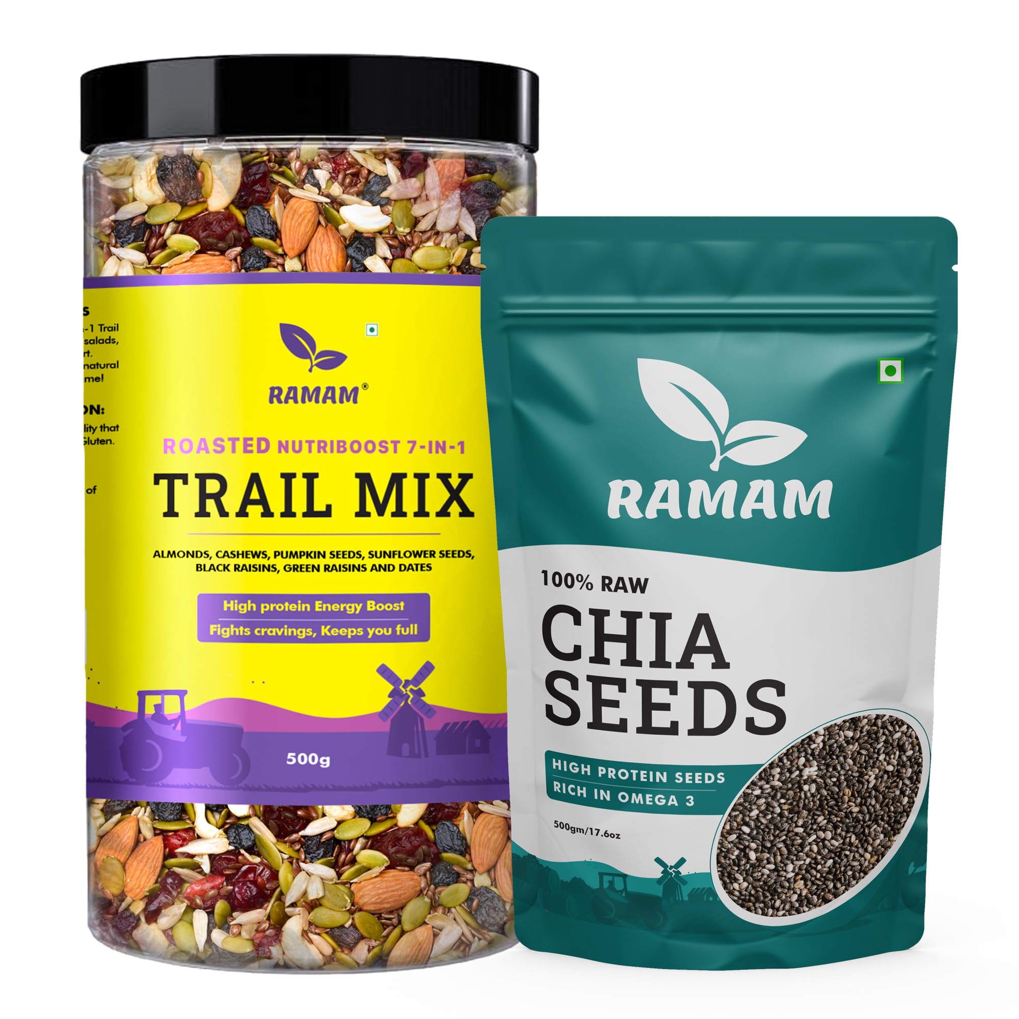 Ramam Nutriboost Premium 7 in 1 Trail Mix 500g & Chia Seeds 500g |Healthy Combo | Omega-3, Protein, Fiber & Calcium | No Added Sugar | Pack of 2-image-41