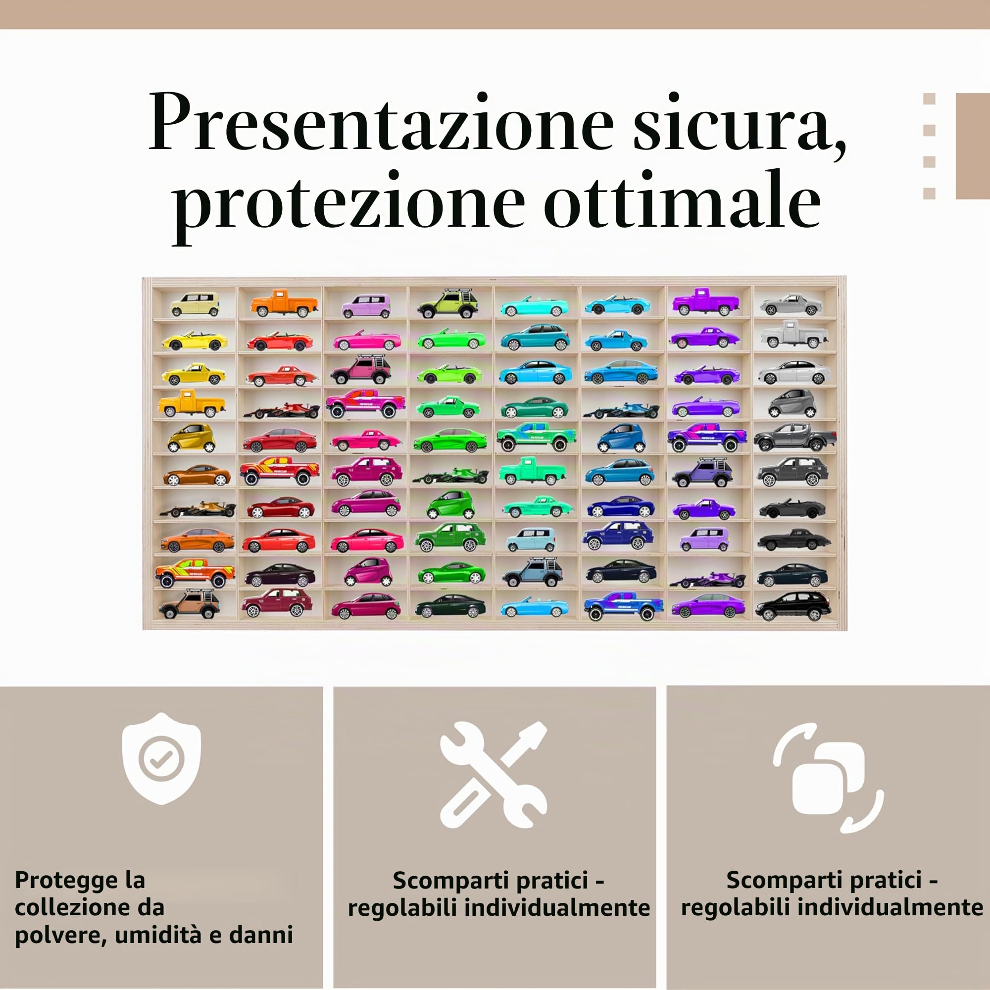 KRUZZEL - Scaffale in legno per auto giocattolo 80 scomparti – Mensola da parete per cameretta dei bambini – Impilabile e personalizzabile – Vetrina da collezione in legno – Cassetta in legno per la