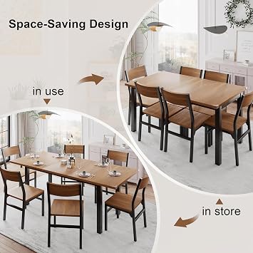 Einhomn 7-Piece Dining Room Table Set with 6 Chairs, 63 Extendable Dining Table & Chairs Set for 4-6, MDF Board & Metal Frame, Dinette for Kitchen, Dining Room, Walnut