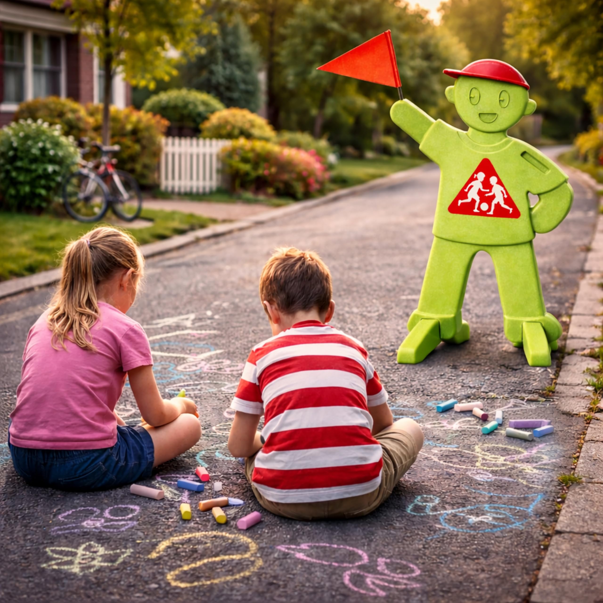 PlaySafe – Figura de advertencia para niños con bandera, señal de advertencia para niños que juegan, soporte reflectante para advertencia de tráfico, conducción lenta (verde)