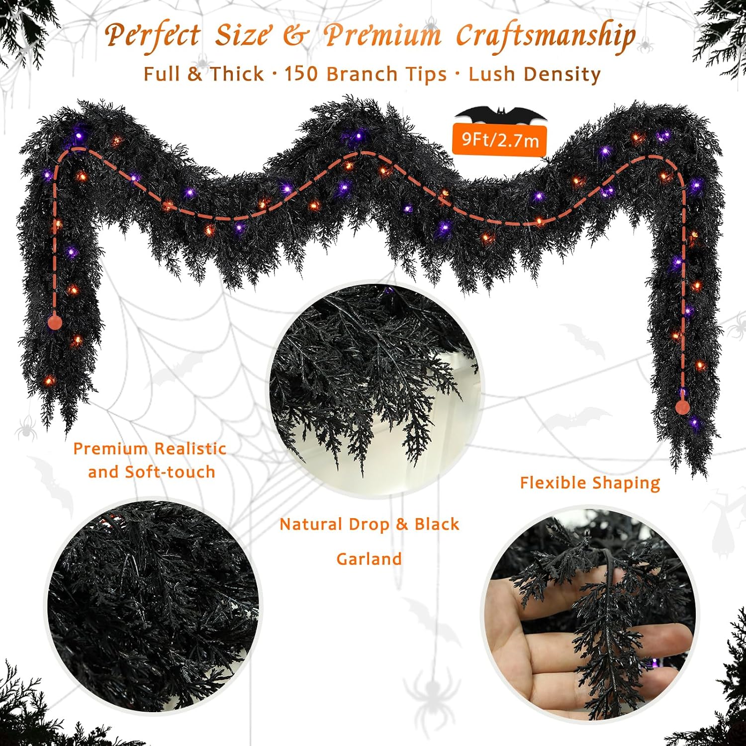 9ft Black Halloween Cedar Garland for Mantle, Soft Touch with Purple Lights | 150 Branches Full Thick Realistic Artificial Pine Garland for Fireplace Stairs Railing Table Door Indoor Outdoor Spooky Decor