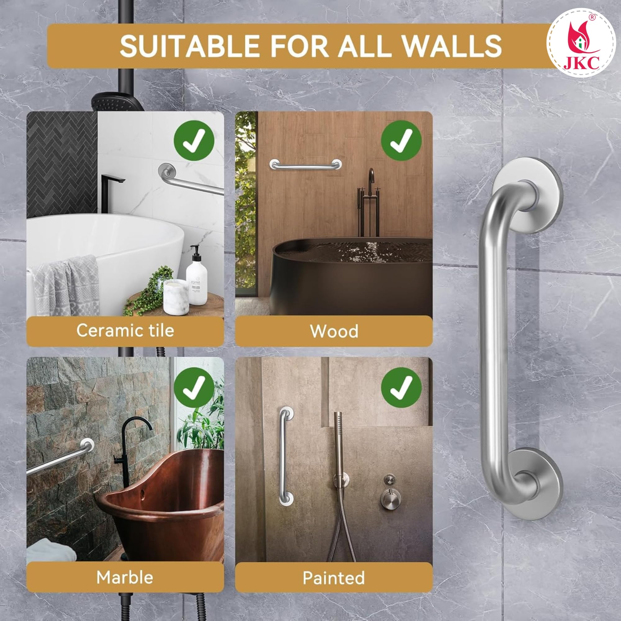 JKC SS 304 Grab Bar for Bathroom, Bathroom Handle for Senior Citizen, Bathroom Support for Elderly, Grab Bar for Senior Citizens for Bathroom Support - Matt Finish (Pack of 1) 1