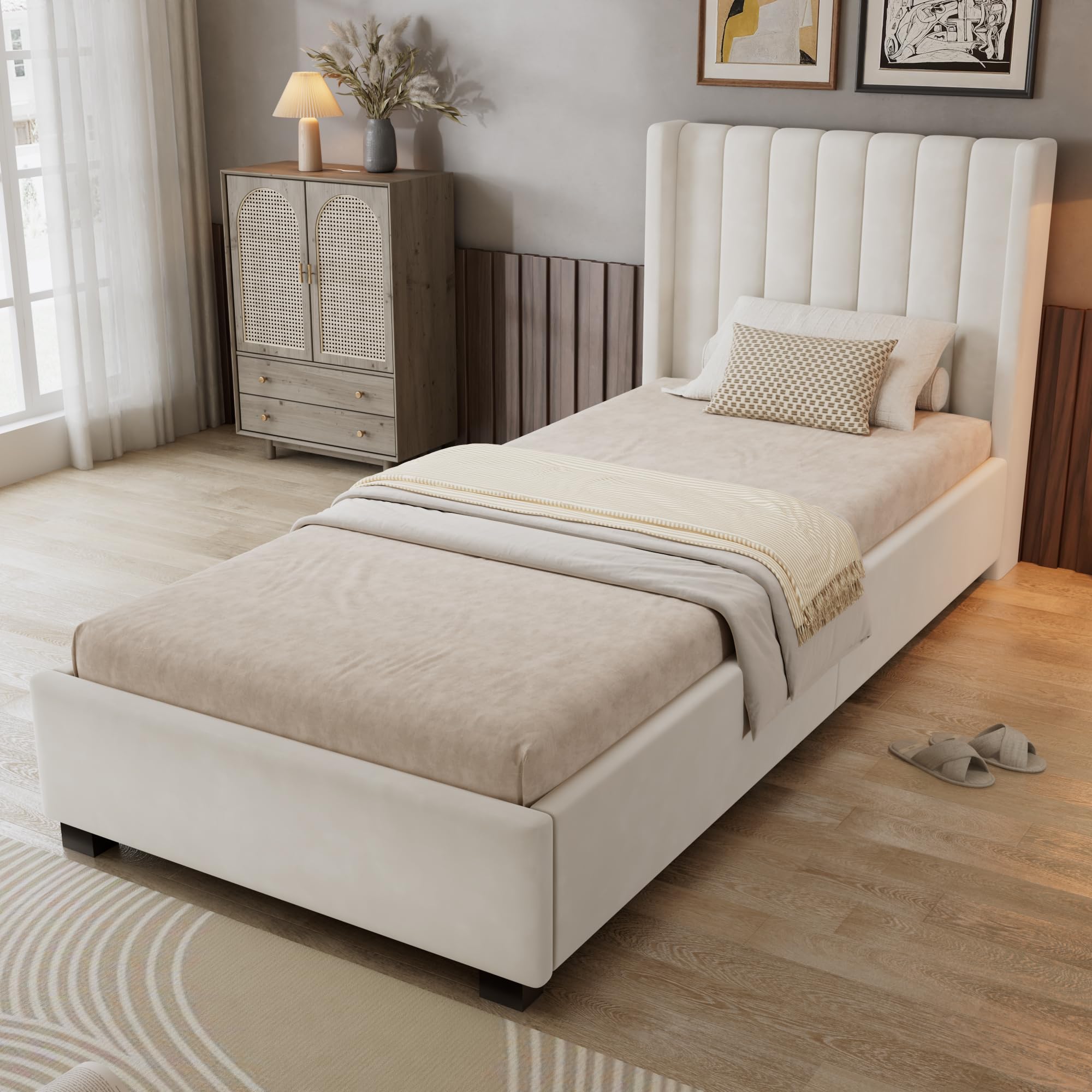 Ball & Cast Upholstered Bed, 3FT single bed 90x190cm, Storage Bed, Soft backrest, 4 drawers with pulleys, With bed slats, For adults & teenagers, Velvet, Beige