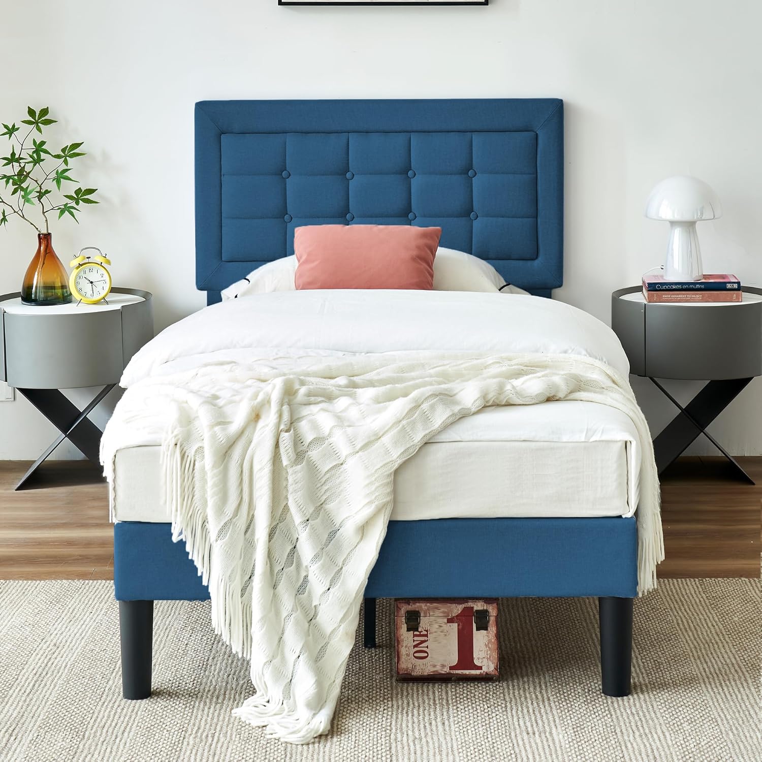 VECELO Twin Size Bed Frame with Adjustable Headboard, Upholstered Button Tufted Platform Bedframe with Wood Slats Support, No Box Spring Needed, Aegean Blue