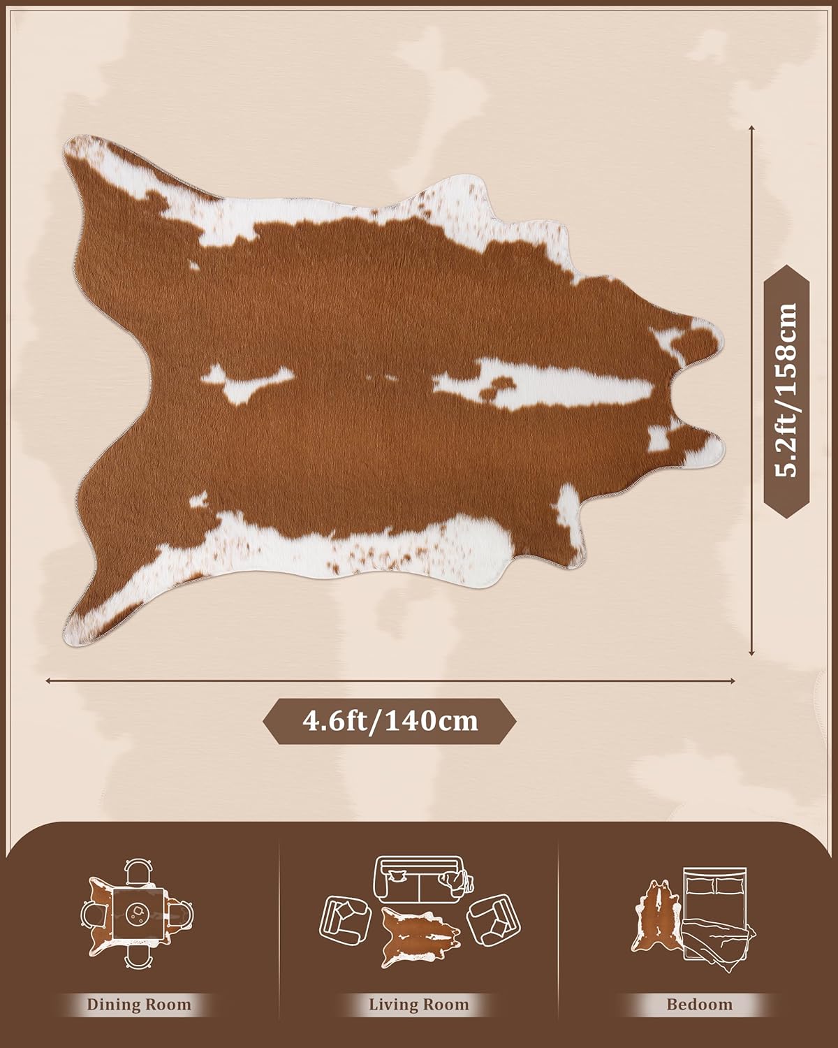 Faux Fur Cowhide Cow Rug: 4.6 x 5.2 Feet Premium Cow Print Animal Hide Area Carpet Large Rustic Western Decor for Living Room Bedroom Light Brown