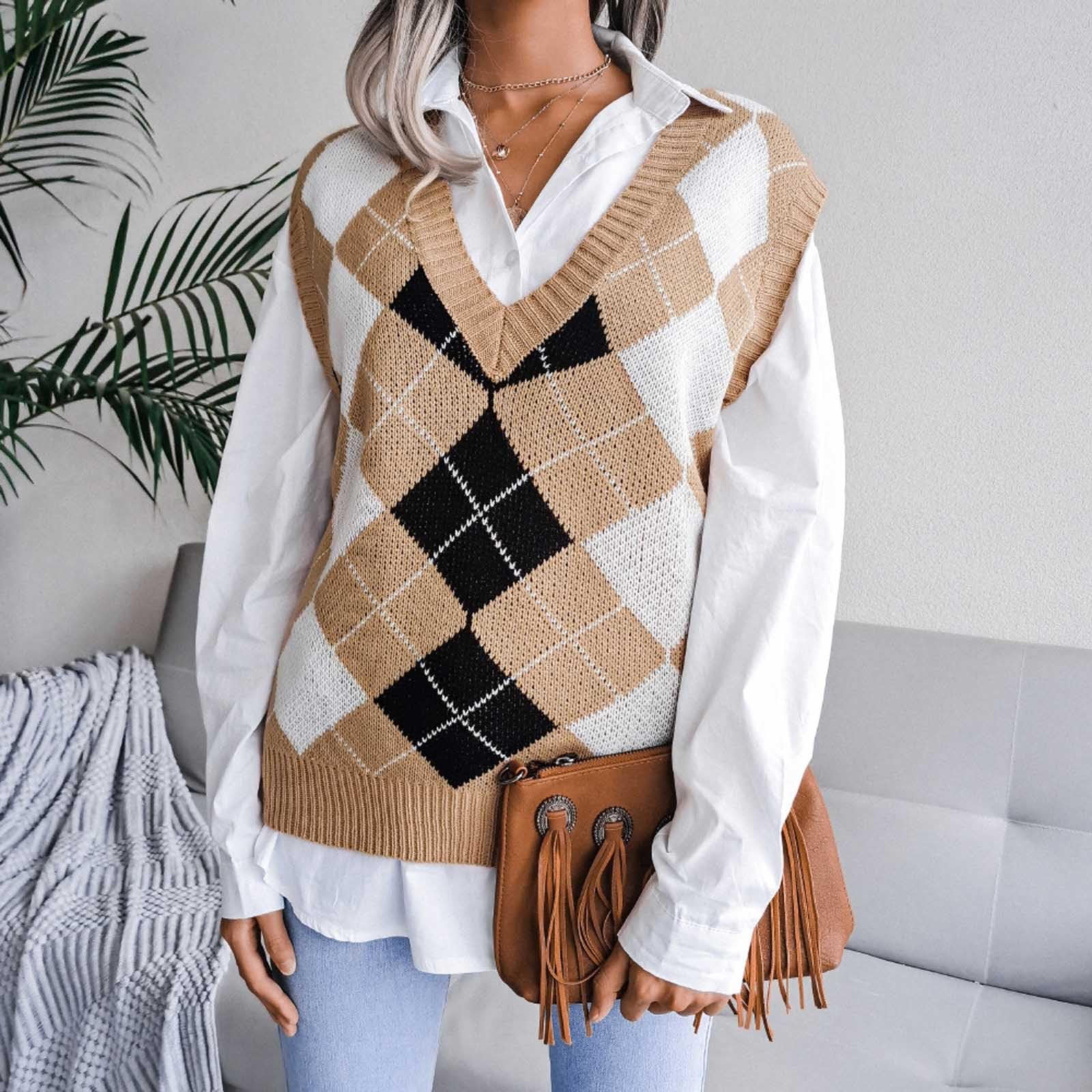 Adretter Stil Pullunder Damen Ärmellose Strickweste Argyle Karo Strickpullover Casual Vintage Preppy Stil Strickpulli Karierte Sweater Winterweste Loose Fit Strickwaren Tank Top