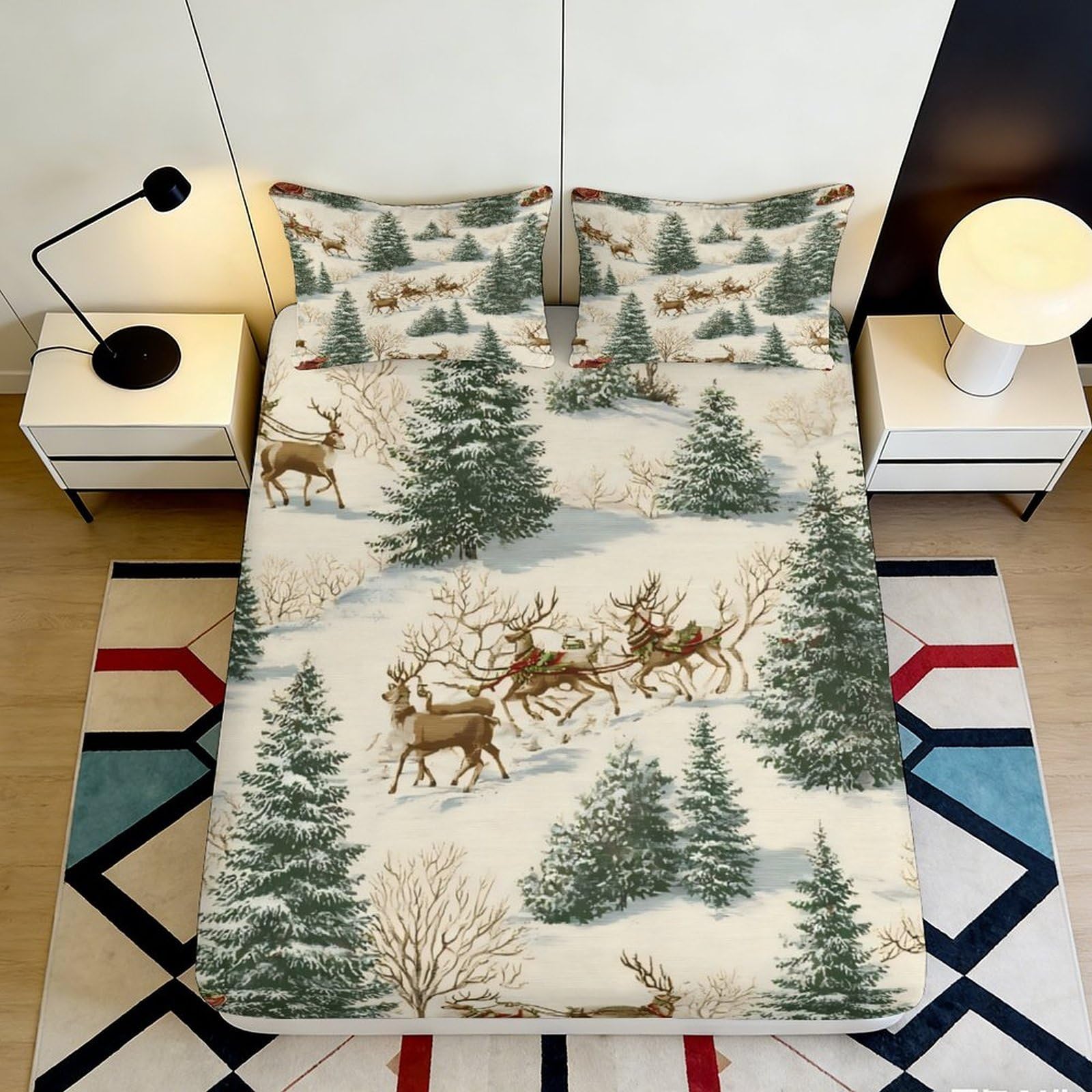 3D Printed Pine Deer Fitted Sheet Microfiber Deep Pocket Non-Slip Snow Scene Mattress Fitted Cover Bedroom Home Use 140x200x25cm