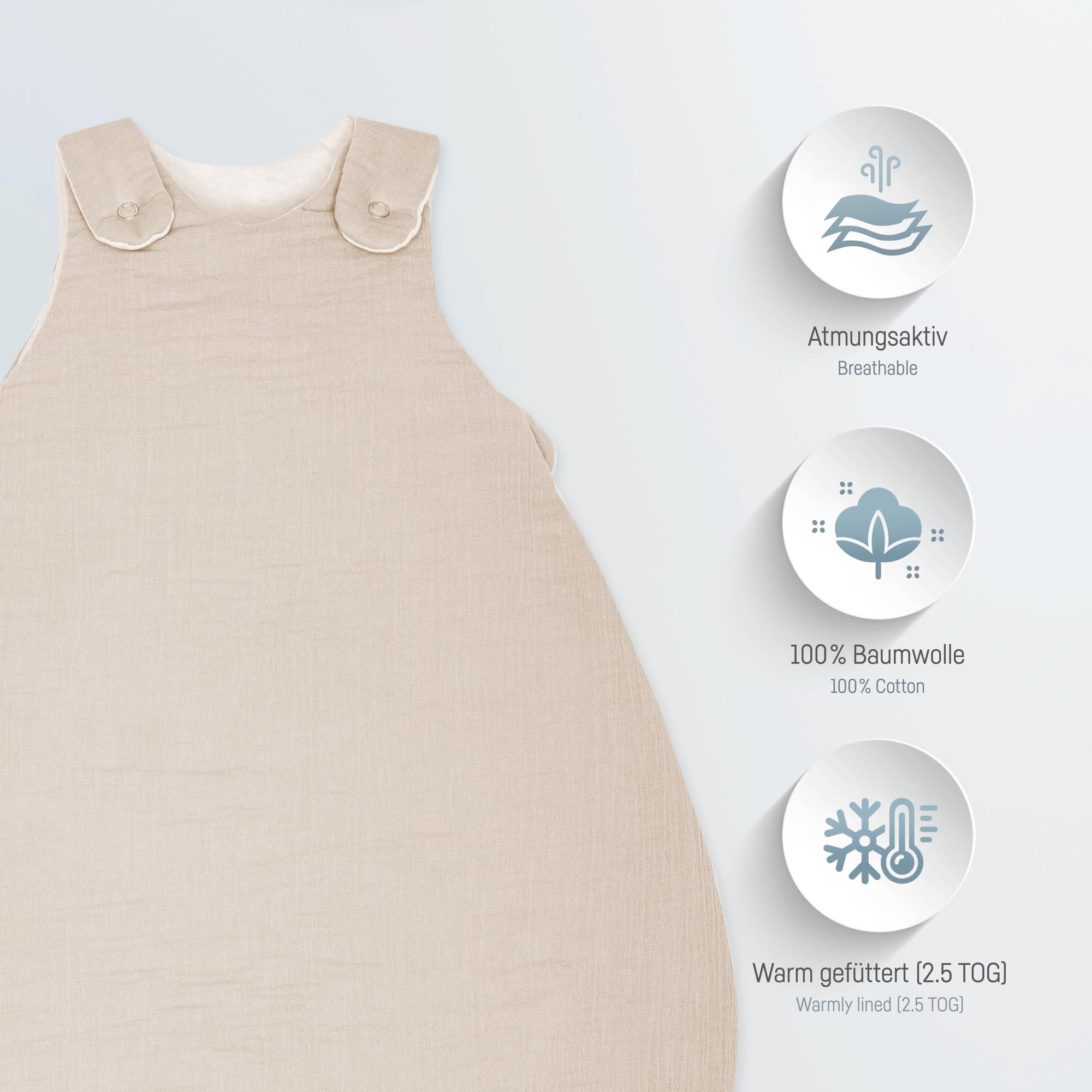 Julius Zöllner Śpiwór niemowlęcy muślinowy, ciepłe wypełnienie 2,5 TOG, nadaje się do prania w temperaturze 40°C, Made in Germany, Oeko Tex Standard 100, piaskowy, rozm. 56/62