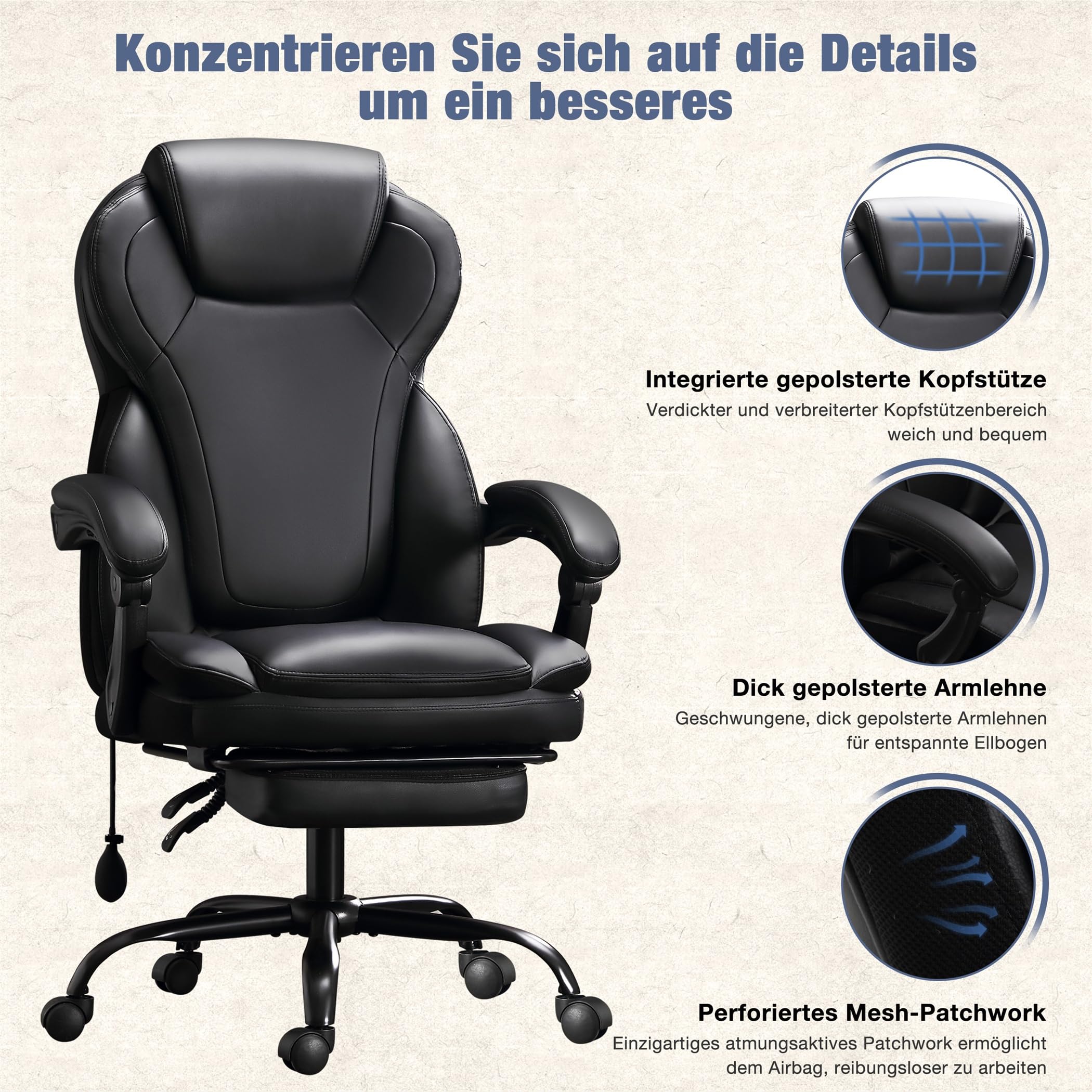 Bosmiller Ergonomischer Bürostuhl 180KG Verstellbare Schreibtischstuhl mit Hoher Rückenlehne und Breite Sitzfläche Hochklappbarer Armlehne Office Chair für Büro Computer Chefsessel