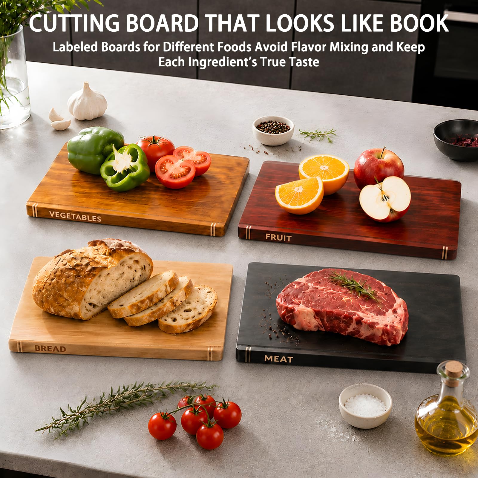 Buch Schneidebrett Set, 3 Stück Schneidebrett Holz Set mit Ständer, für Obst, Gemüse, Fleisch, Fisch, Käse und Brot, für Küchendeko und als Geschenk (3, Braun)