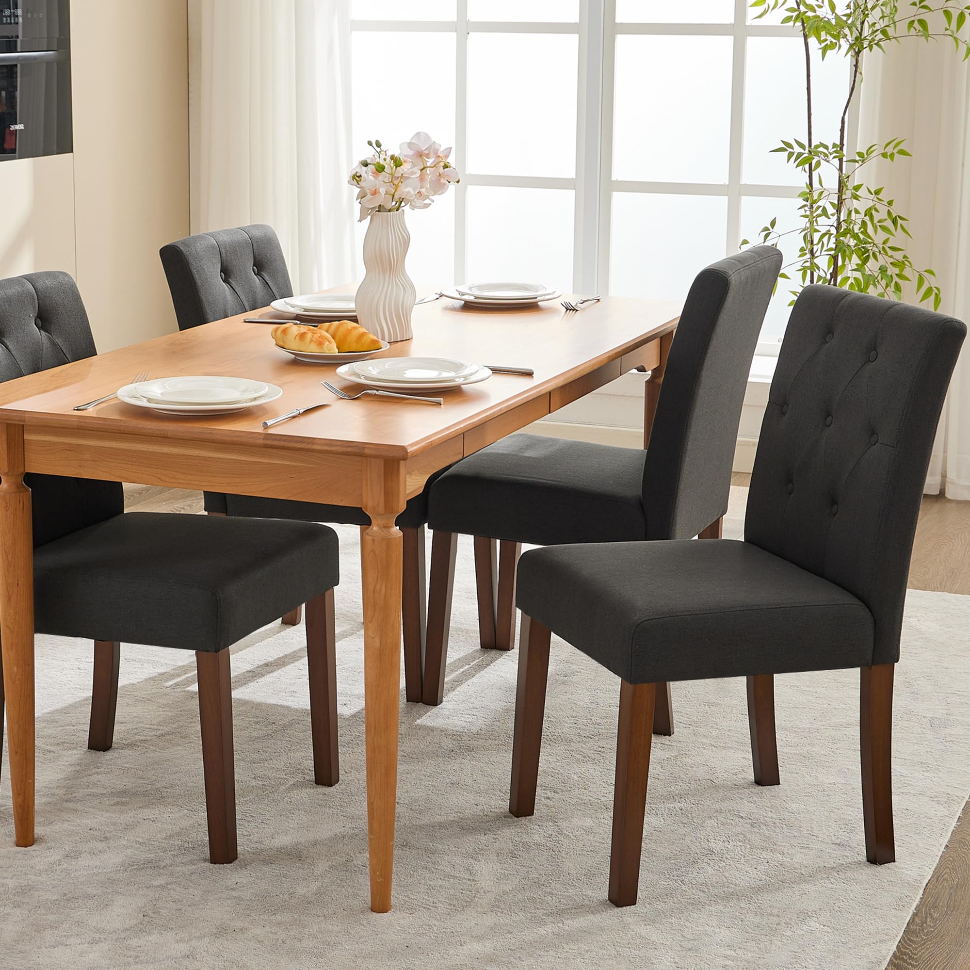 Upholstered Dining Chairs Set of 4, Button Tufted Parsons Chairs with Wood Legs and Padded Seat, Modern Fabric Side Chairs for Dining Room Kitchen Farmhouse Hotel, Black