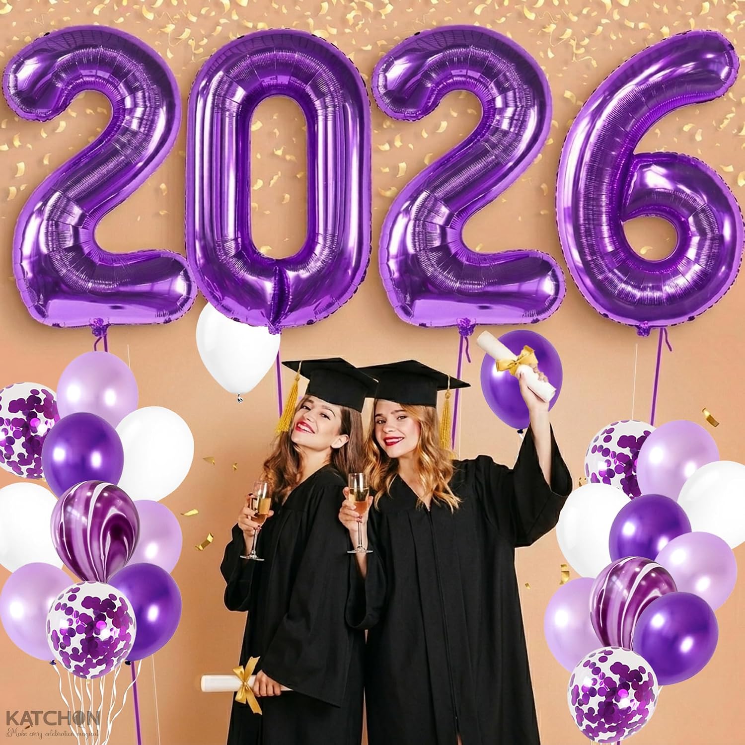 KatchOn, Purple 2026 Balloons Set - Huge 40 Inch, Pack of 47 | 2026 Purple Balloons for Graduation Decorations Class of 2026 | Class of 2026 Balloons, Purple Graduation Balloons