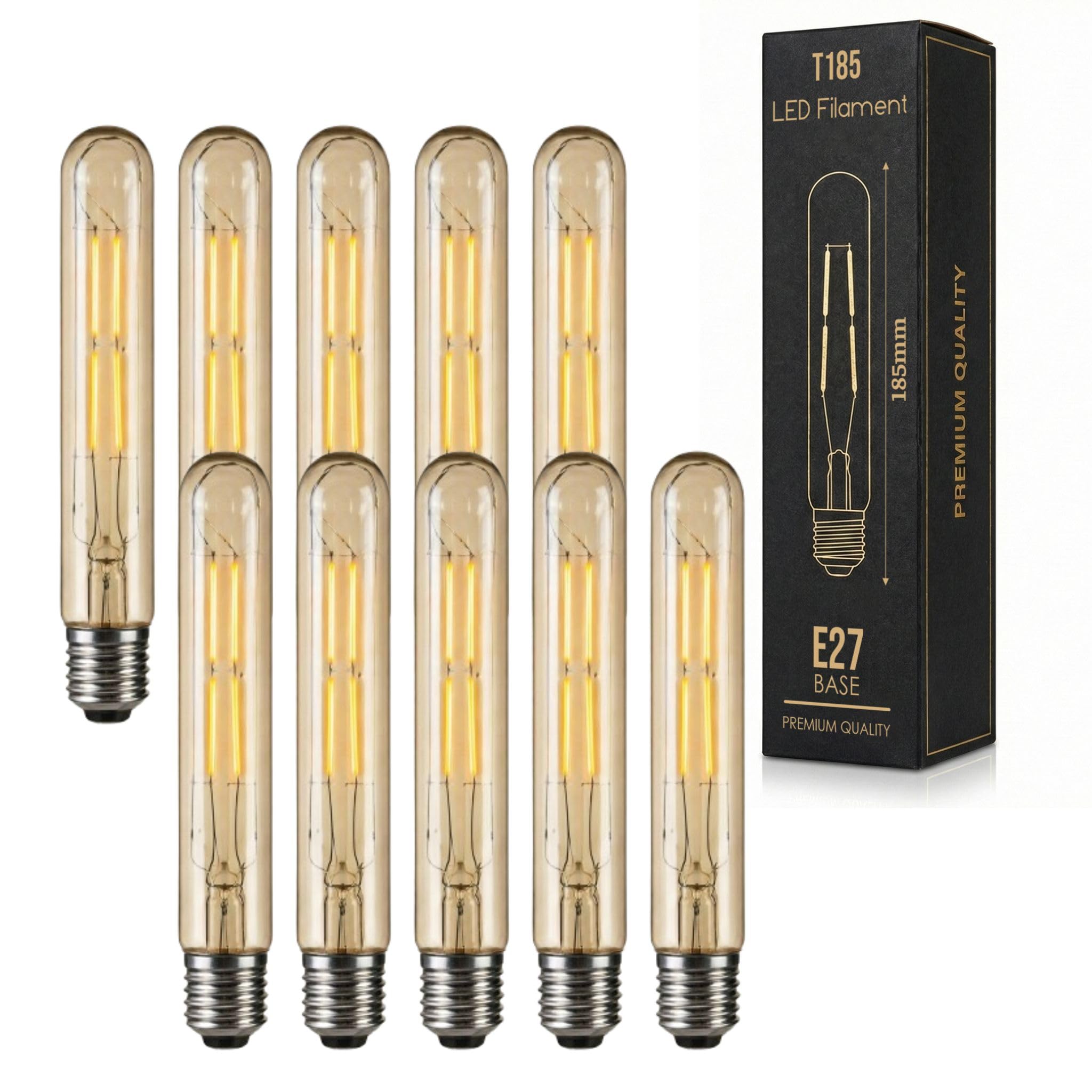 LEDSone LED E27 Edison Light Bulb, T185 4W (40W Equivalent) DIMMABLE LED Filament Warm White 2700K Amber 450LM | Vintage Style185mm Tubular Screw Energy Saving Light Bulb (Pack 10)