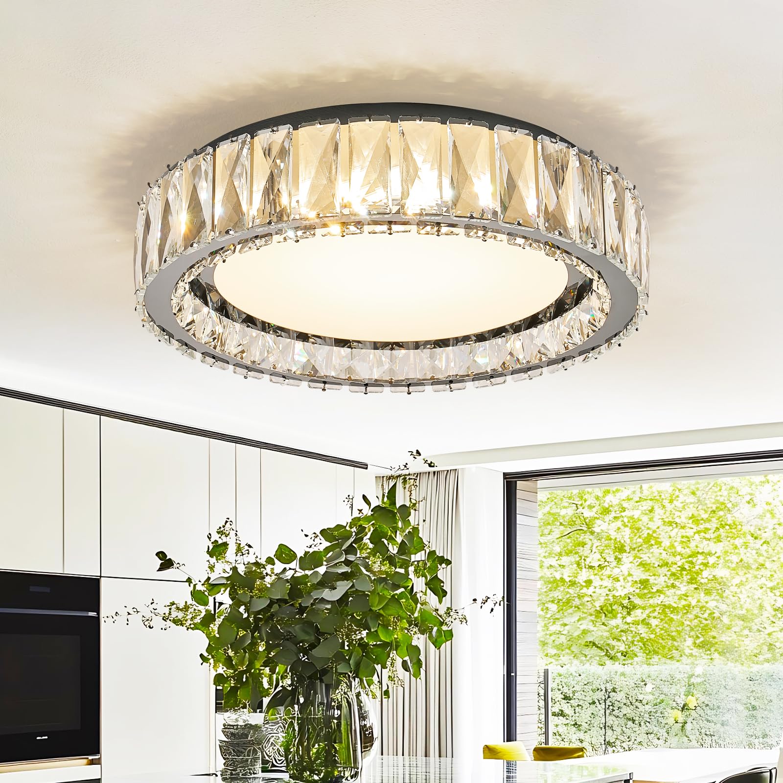 Crystal Dimmable Flush Mount Ceiling Light Black Modern LED Close to Ceiling Light Fixture with 5CCT 2700K-6000K Round