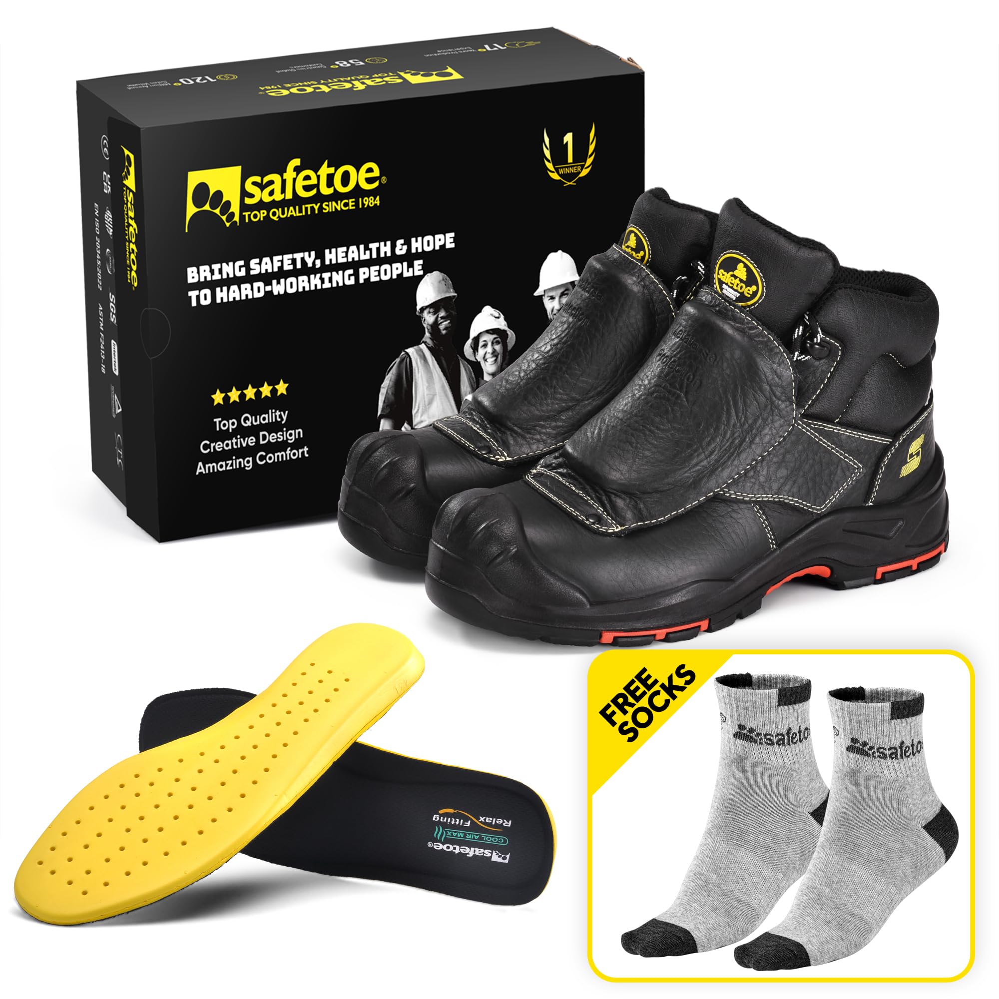 SAFETOE Botas de soldadura para hombre, botas de seguridad de punta compuesta con protección metatarsiana, resistentes al fuego, botas de soldadura resistentes al calor de 300 ℃, botas de trabajo de