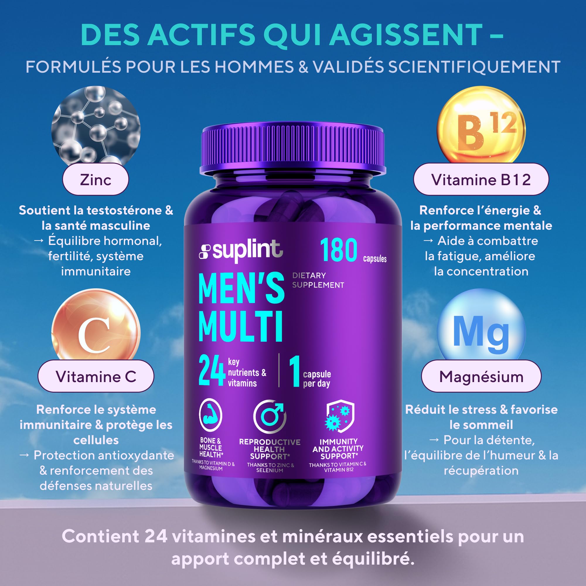 Multivitamines Homme Haute Puissance - Complexe A-Z Vitamines, Minéraux et Compléments - 180 Gélules pour 180 Jours - Énergie, Immunité & Santé - Complément Alimentaire All-in-One