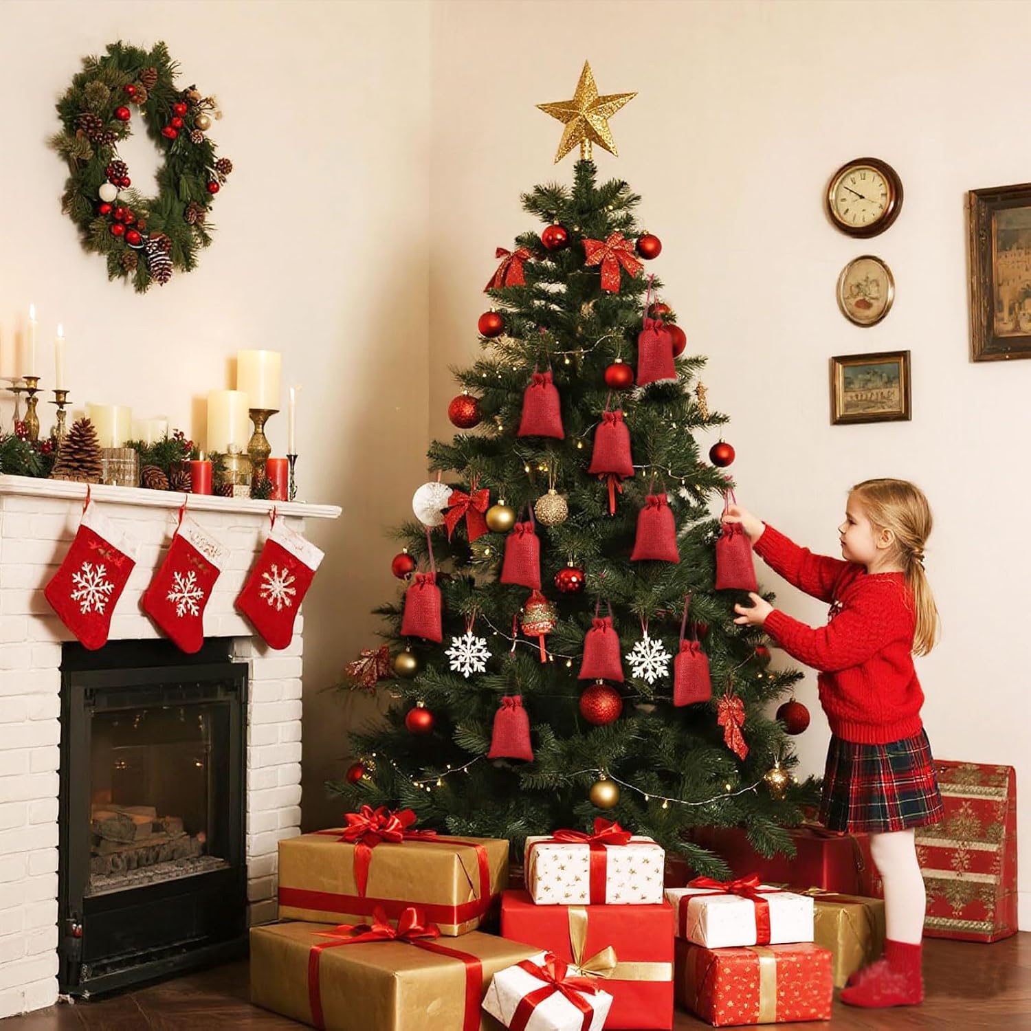Naler 24 Pcs Red Burlap Drawstring Gift Bags for Christmas Decor – 3.7x5.5 image 4