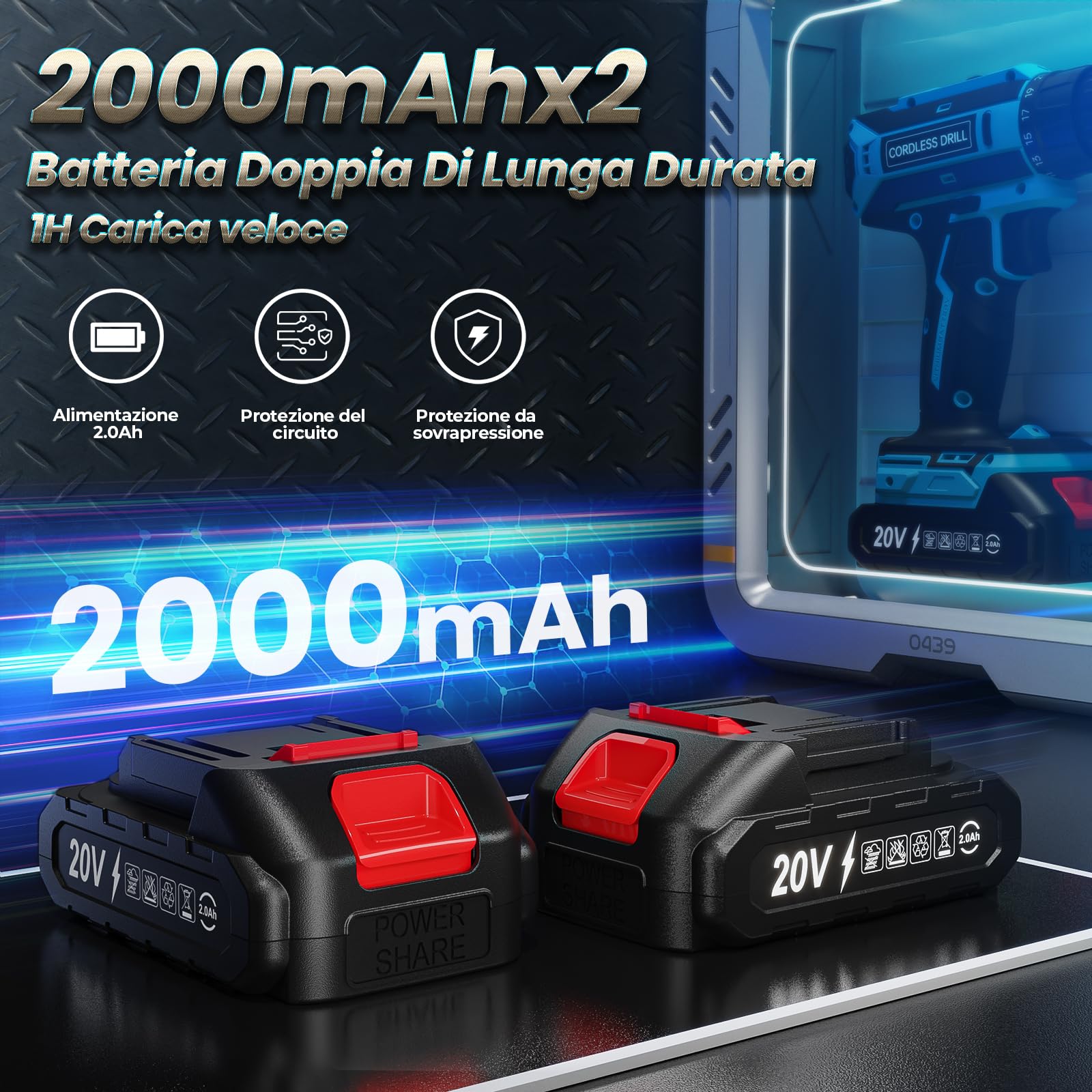 Trapano Avvitatore Batteria con 2 Batterie, 20V Avvitatore a Batteria Max 42Nm, 2 Velocità Trapano a Batterie LED, Compatibile con Batterie Makita, 25+1 Coppia, 10mm Mandrino, per Riparazioni e DIY