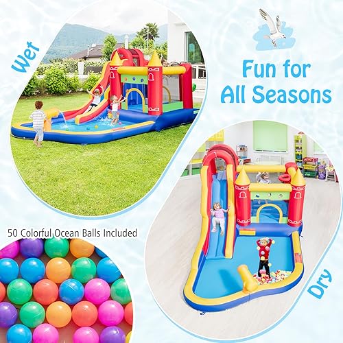 Miniatura 3 de HONEY JOY Casa de rebote de agua, toboganes acuáticos inflables para niños en el patio trasero con piscina de chapoteo, aro de baloncesto, cabina,