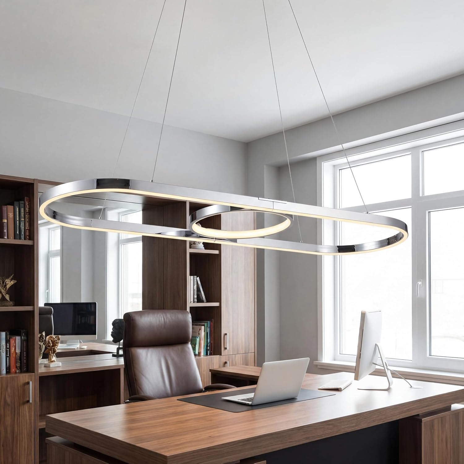 Modern LED Pendant Lights, Dimmable Linear Ring LED Chandelier Lighting, Chrome & Gold Dining Room Hanging Light Fixtures Kitchen Island Pendant Light for Dining Table (Chrome 47''(120CM))