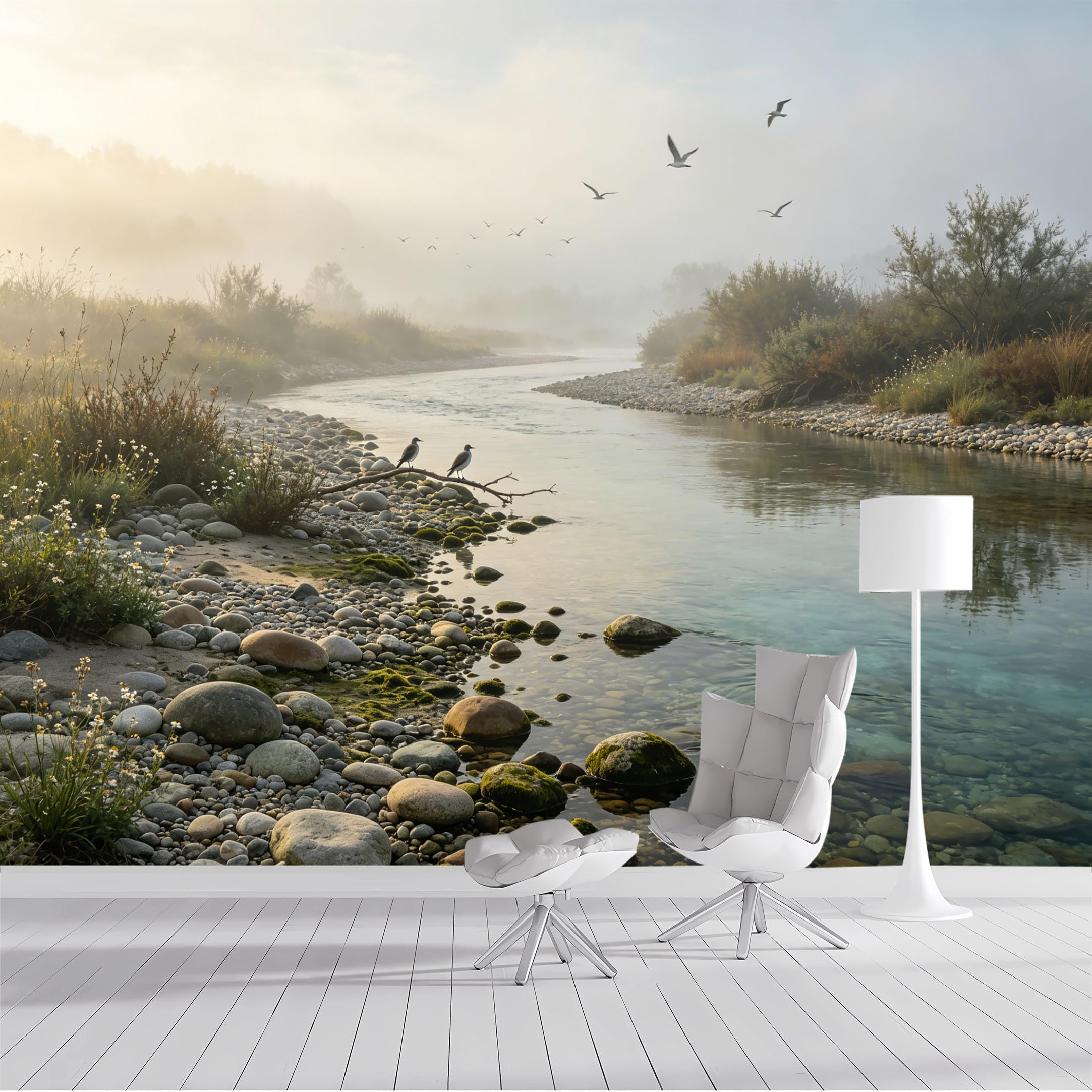 Custom Size Wall Mural Serene River Misty Morning Birds Flying Landscape Watercolor SelfAdhesive Wall Fabric Removable Peel and Stick Wallpaper Wall Decor for Living Room Bedroom Bathroom