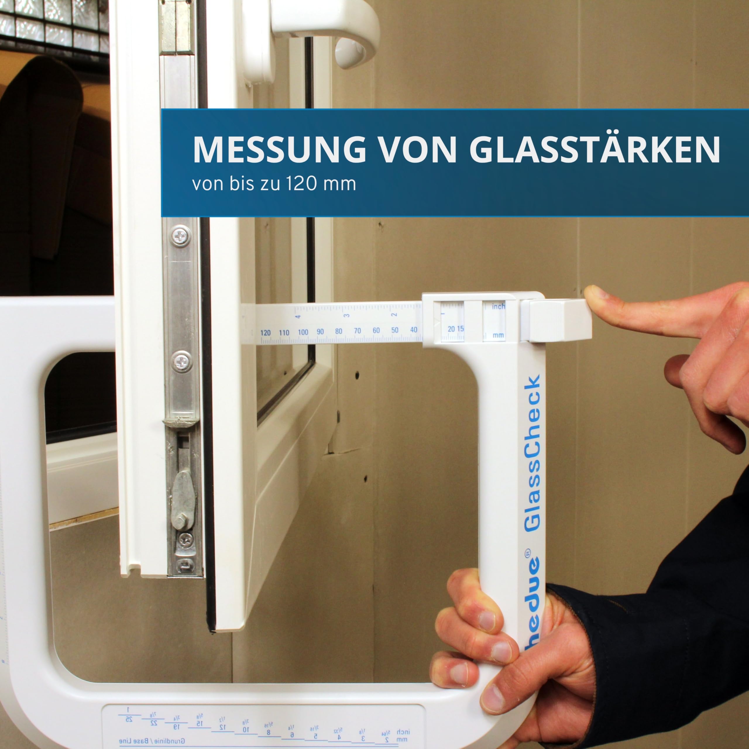 GlassCheck - Glasdickenmesser, Dickenlehre zur Messung der Glasstärke von Scheiben & Isolierverglasung, Dickenmesser 0-120 mm